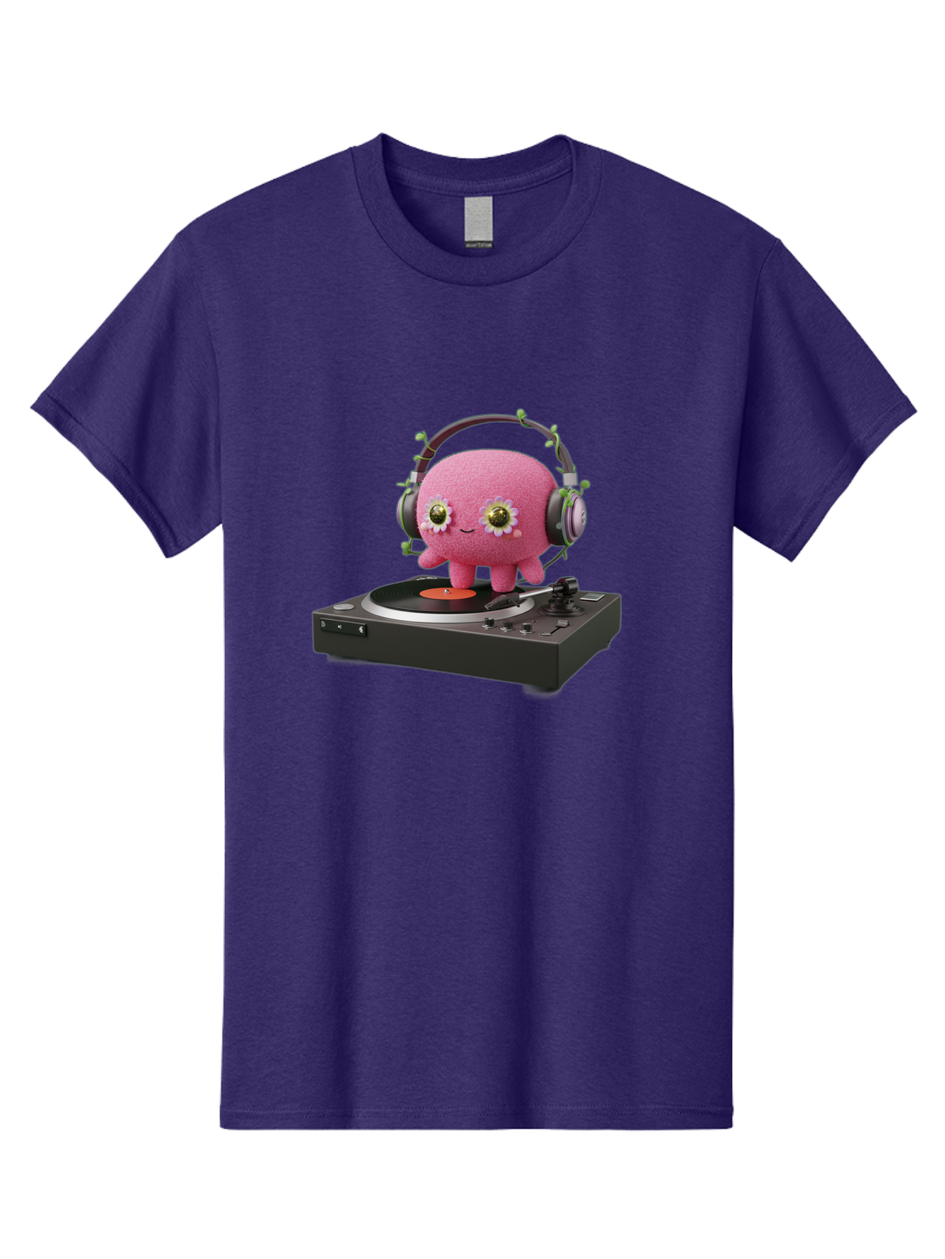 Pink-Creature-On-Record-Player Men'S Graphic Tee, 100% Cotton, Comfortable Casual Summer Wear, Machine Washable, Pink Blob, Vinyl Turntable, Retro Music Player, Headphones, Disco Vibes, Fun Music, Quirky, Retro Aesthetic, Vinyl Records, Bad427