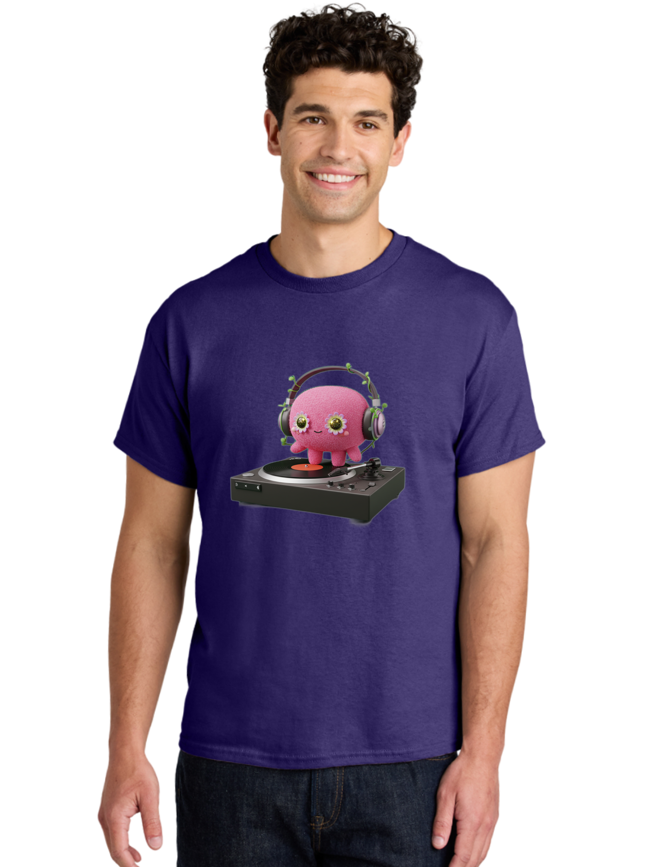 Pink-Creature-On-Record-Player Men'S Graphic Tee, 100% Cotton, Comfortable Casual Summer Wear, Machine Washable, Pink Blob, Vinyl Turntable, Retro Music Player, Headphones, Disco Vibes, Fun Music, Quirky, Retro Aesthetic, Vinyl Records, Bad427