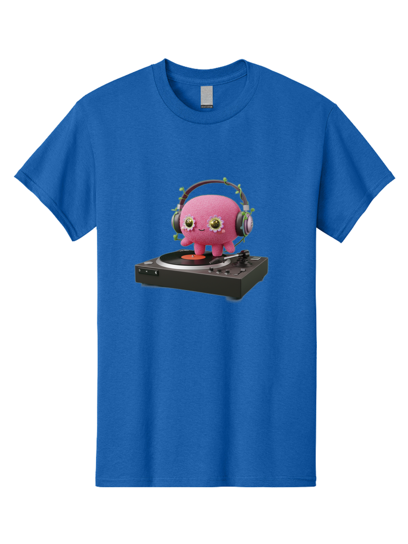 Pink-Creature-On-Record-Player Men'S Graphic Tee, 100% Cotton, Comfortable Casual Summer Wear, Machine Washable, Pink Blob, Vinyl Turntable, Retro Music Player, Headphones, Disco Vibes, Fun Music, Quirky, Retro Aesthetic, Vinyl Records, Bad427