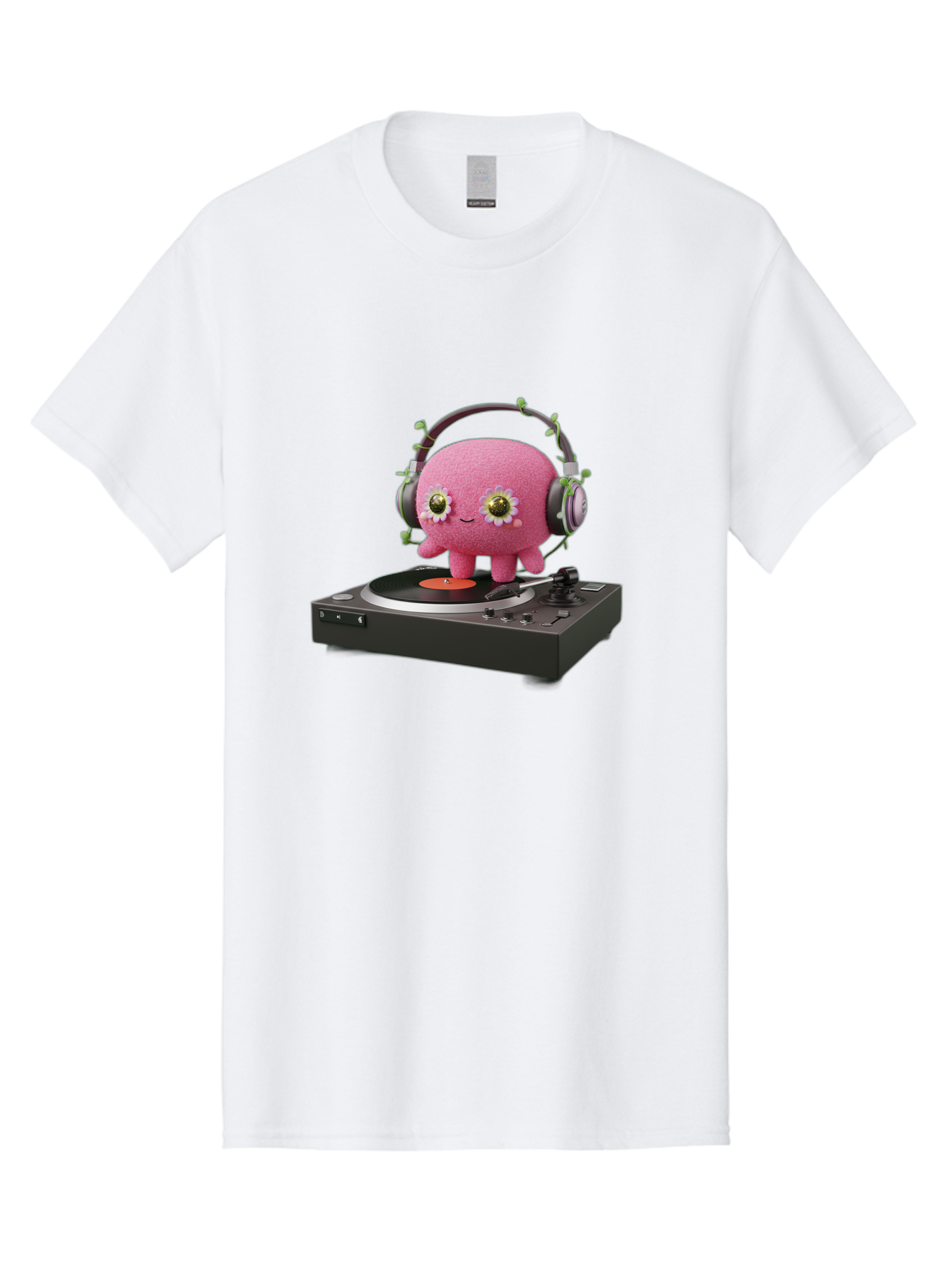 Pink-Creature-On-Record-Player Men'S Graphic Tee, 100% Cotton, Comfortable Casual Summer Wear, Machine Washable, Pink Blob, Vinyl Turntable, Retro Music Player, Headphones, Disco Vibes, Fun Music, Quirky, Retro Aesthetic, Vinyl Records, Bad427