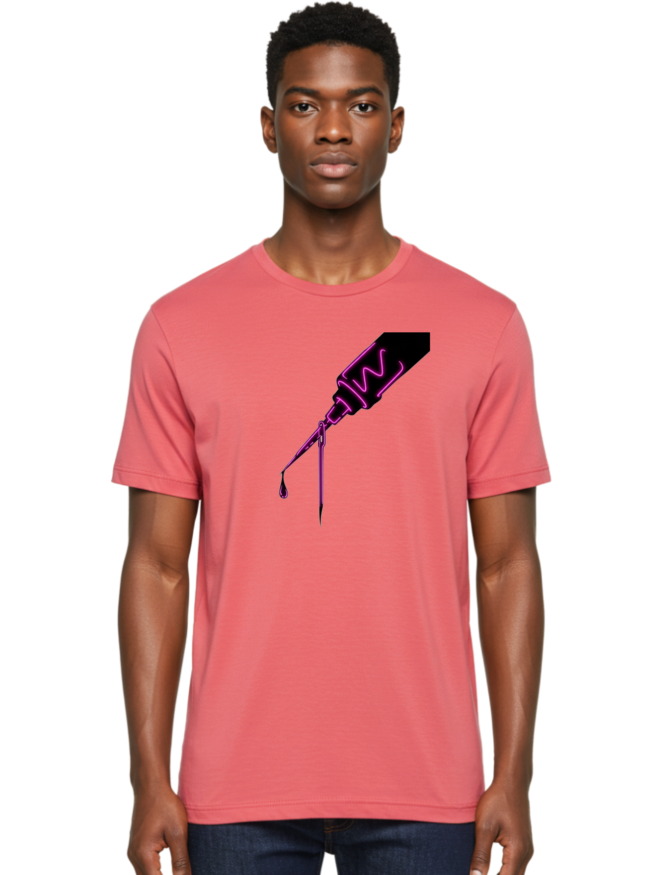 Pink-Dropper Men'S Graphic Tee, 100% Cotton, Comfortable Casual Summer Wear, Machine Washable, Pink Neon Dropper Bottle, Glowing Liquid, Medical Bottle, Pink Glow, Single Drop, Neon Lights, Modern Design, Futuristic Style Bad428
