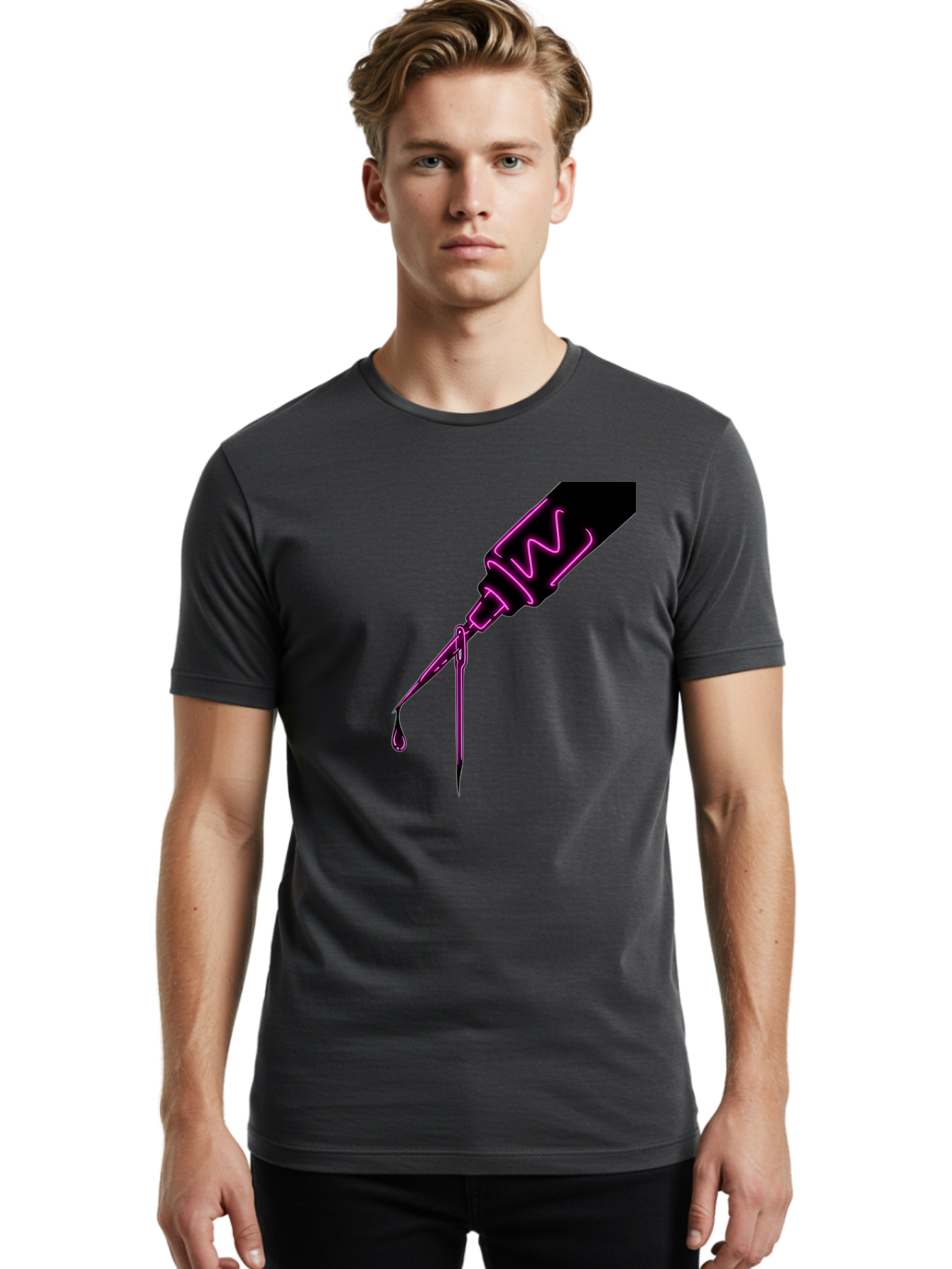 Pink-Dropper Men'S Graphic Tee, 100% Cotton, Comfortable Casual Summer Wear, Machine Washable, Pink Neon Dropper Bottle, Glowing Liquid, Medical Bottle, Pink Glow, Single Drop, Neon Lights, Modern Design, Futuristic Style Bad428