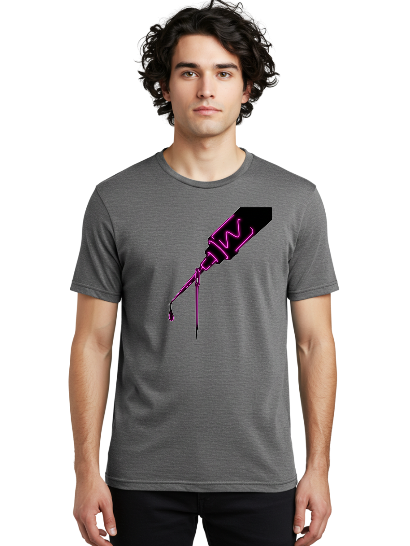 Pink-Dropper Men'S Graphic Tee, 100% Cotton, Comfortable Casual Summer Wear, Machine Washable, Pink Neon Dropper Bottle, Glowing Liquid, Medical Bottle, Pink Glow, Single Drop, Neon Lights, Modern Design, Futuristic Style Bad428