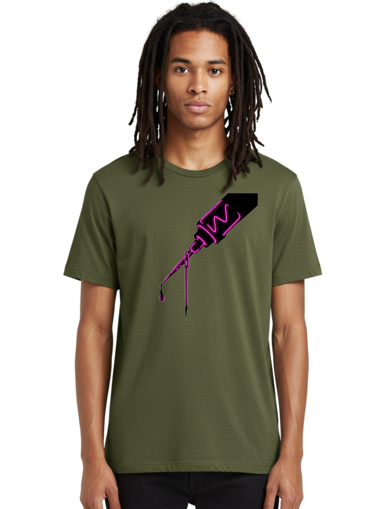 Pink-Dropper Men'S Graphic Tee, 100% Cotton, Comfortable Casual Summer Wear, Machine Washable, Pink Neon Dropper Bottle, Glowing Liquid, Medical Bottle, Pink Glow, Single Drop, Neon Lights, Modern Design, Futuristic Style Bad428