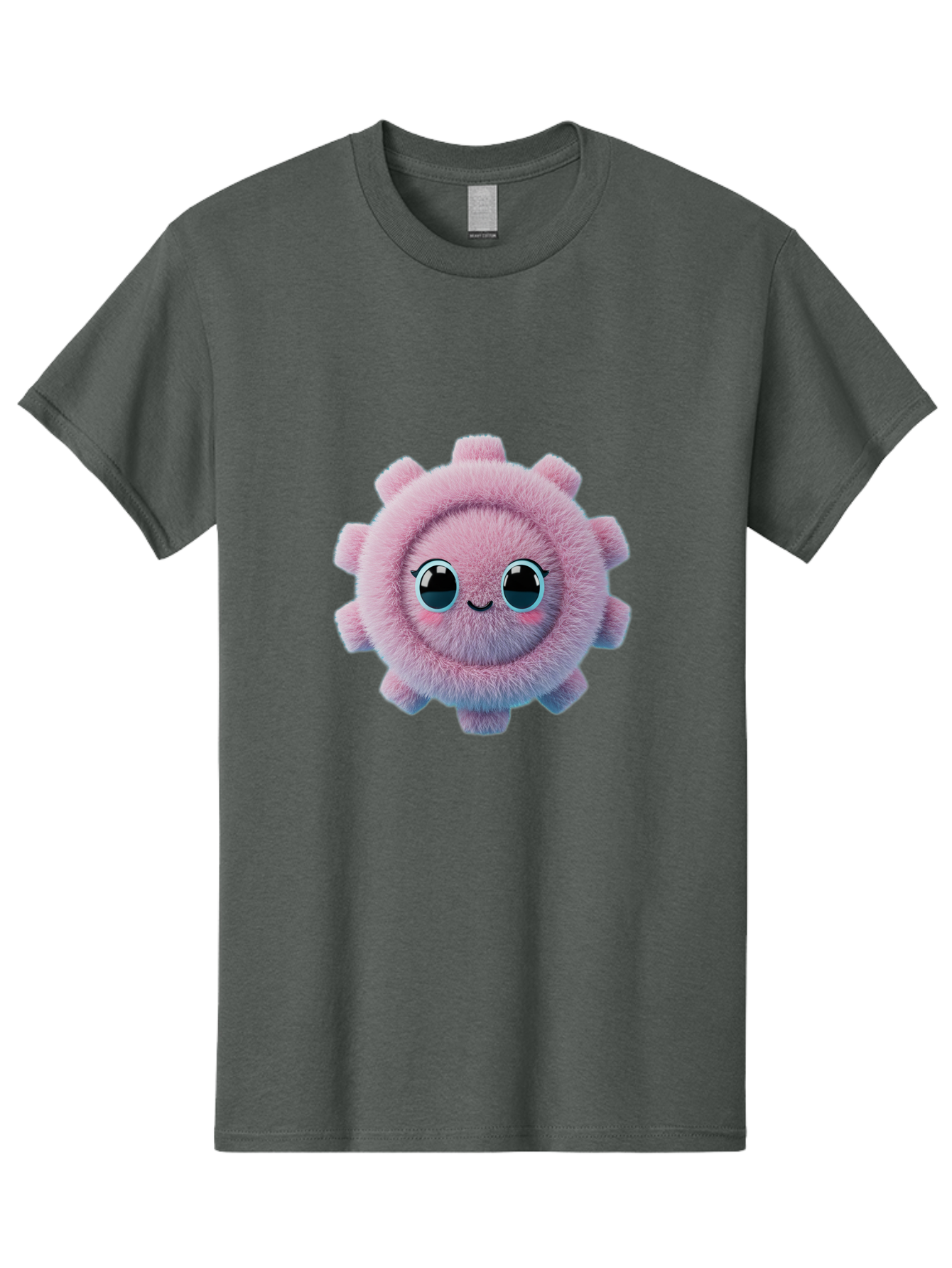 Pink-Fuzzy-Gear Men'S Graphic Tee, 100% Cotton, Comfortable Casual Summer Wear, Machine Washable, Cute Cartoon Character, Fluffy Virus, Pink And Purple Hues, Smiling Face, Big Eyes, Whimsical Design, Funny Illustration, Soft Texture, Bad429