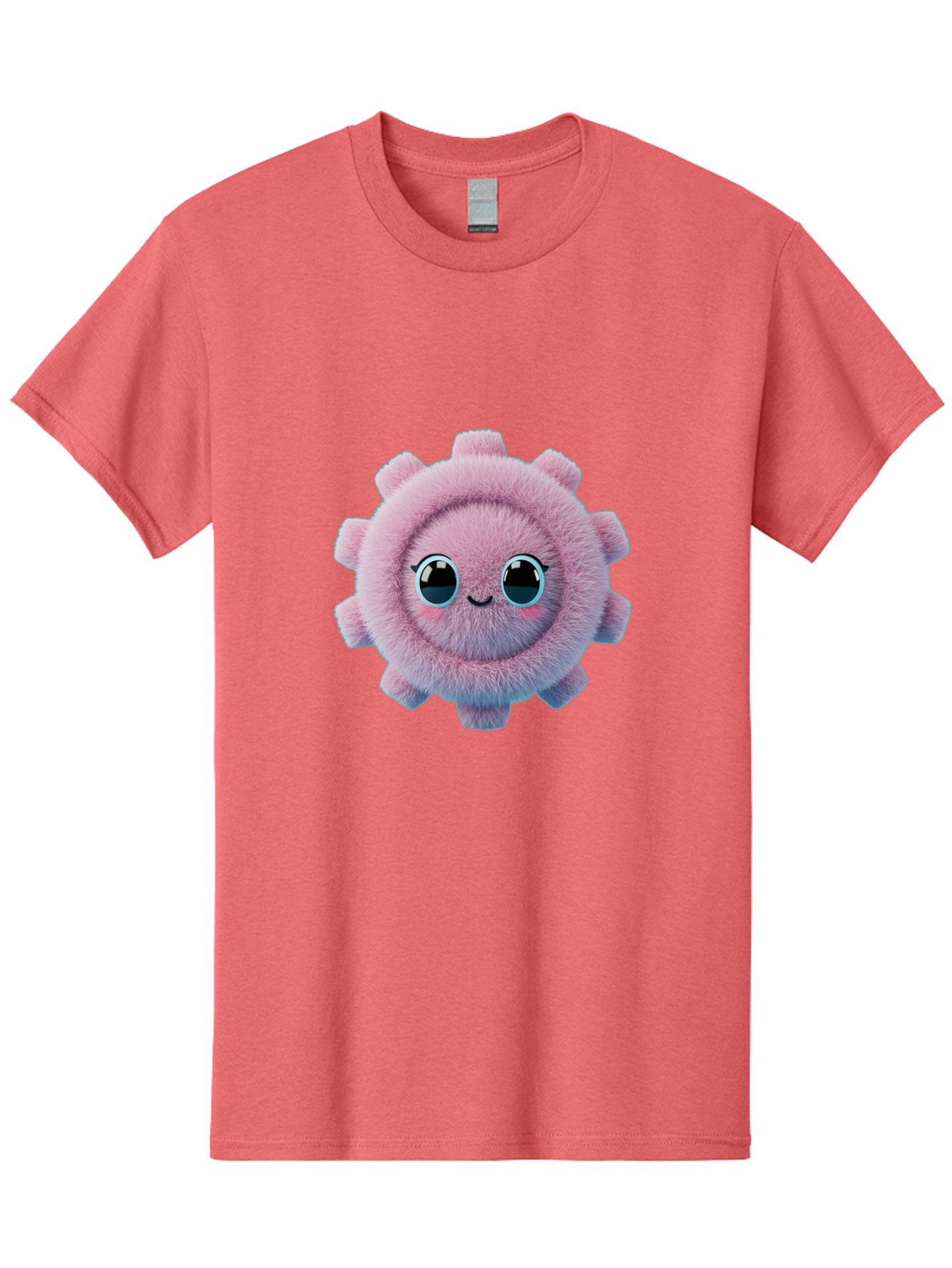 Pink-Fuzzy-Gear Men'S Graphic Tee, 100% Cotton, Comfortable Casual Summer Wear, Machine Washable, Cute Cartoon Character, Fluffy Virus, Pink And Purple Hues, Smiling Face, Big Eyes, Whimsical Design, Funny Illustration, Soft Texture, Bad429