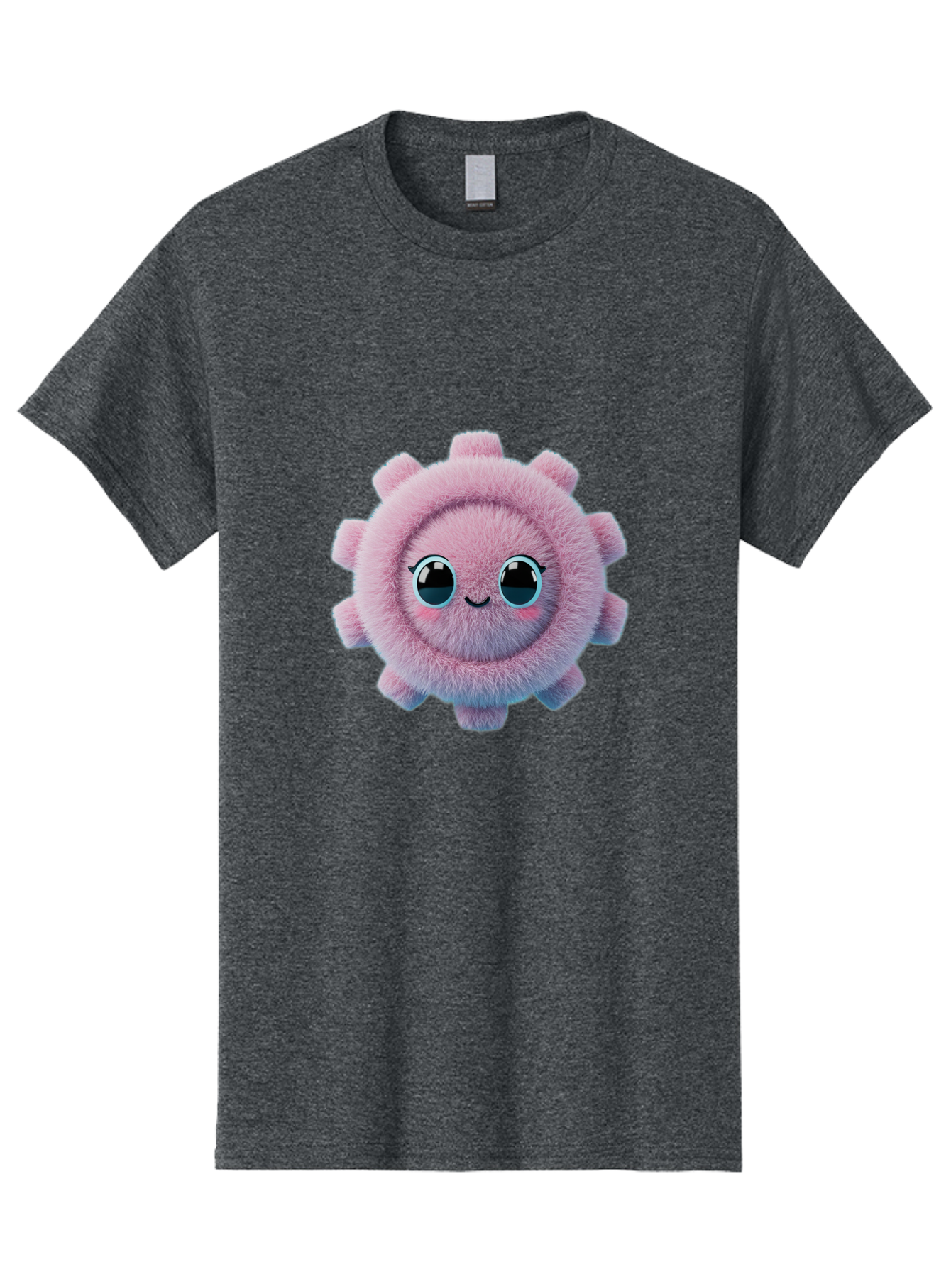 Pink-Fuzzy-Gear Men'S Graphic Tee, 100% Cotton, Comfortable Casual Summer Wear, Machine Washable, Cute Cartoon Character, Fluffy Virus, Pink And Purple Hues, Smiling Face, Big Eyes, Whimsical Design, Funny Illustration, Soft Texture, Bad429