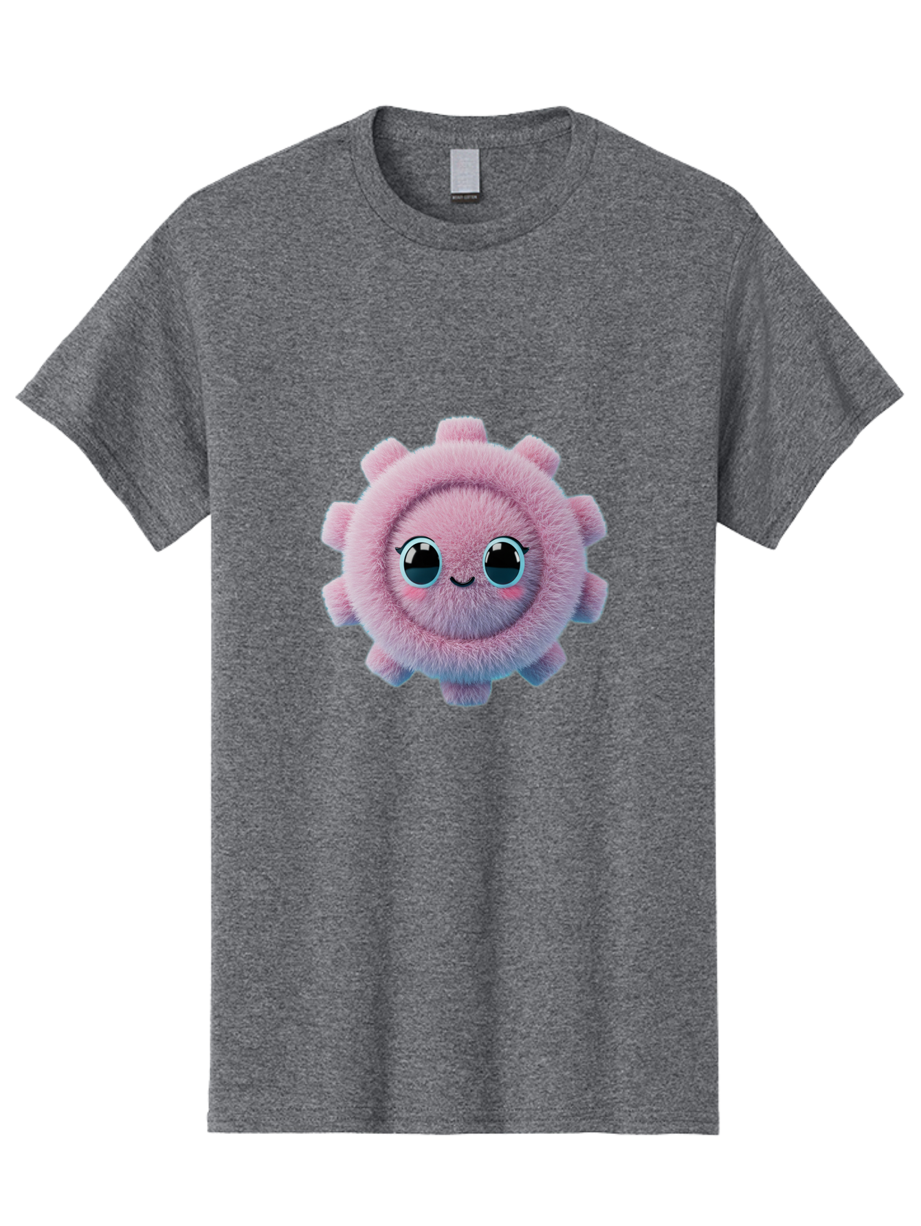 Pink-Fuzzy-Gear Men'S Graphic Tee, 100% Cotton, Comfortable Casual Summer Wear, Machine Washable, Cute Cartoon Character, Fluffy Virus, Pink And Purple Hues, Smiling Face, Big Eyes, Whimsical Design, Funny Illustration, Soft Texture, Bad429