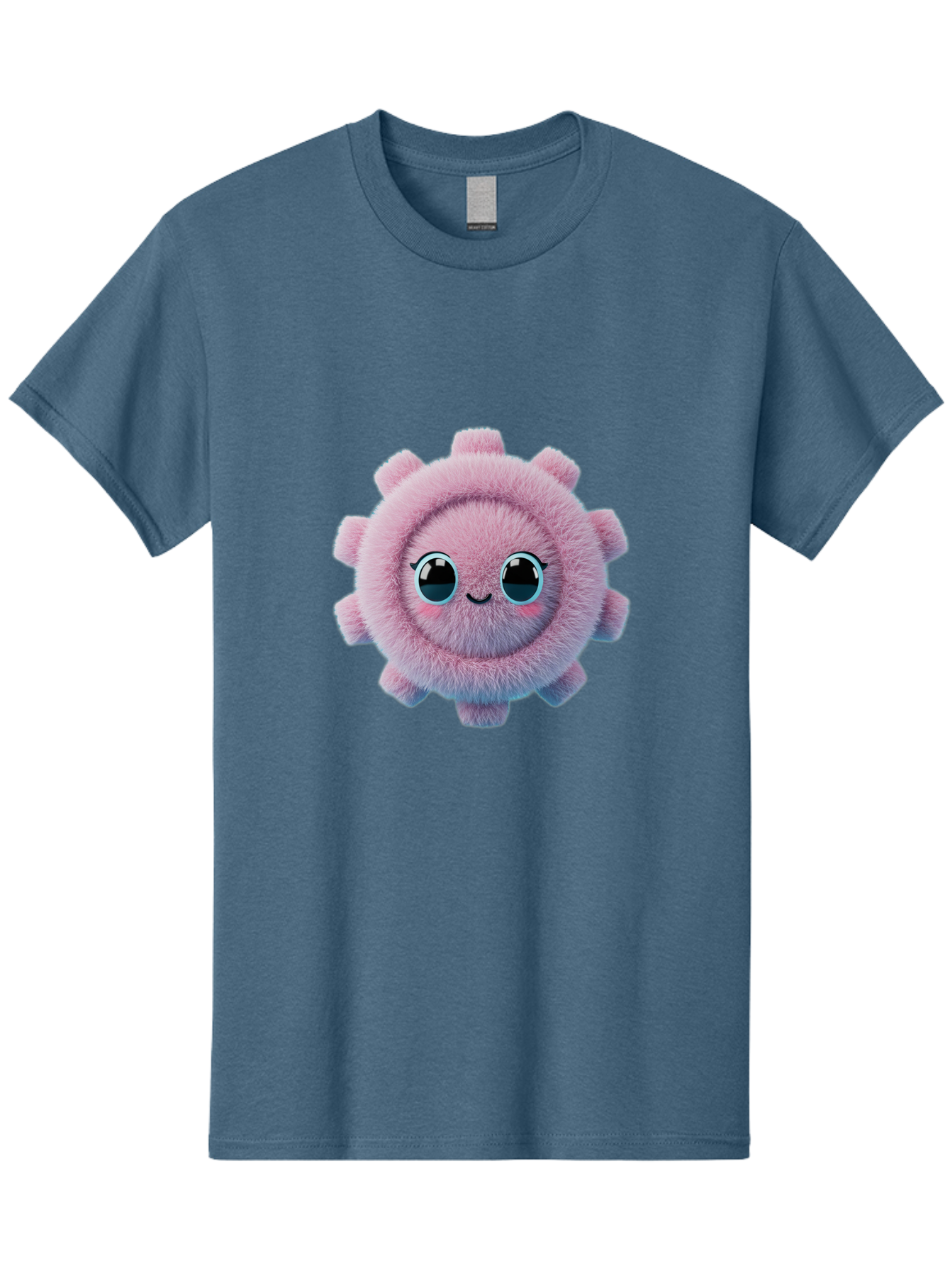 Pink-Fuzzy-Gear Men'S Graphic Tee, 100% Cotton, Comfortable Casual Summer Wear, Machine Washable, Cute Cartoon Character, Fluffy Virus, Pink And Purple Hues, Smiling Face, Big Eyes, Whimsical Design, Funny Illustration, Soft Texture, Bad429