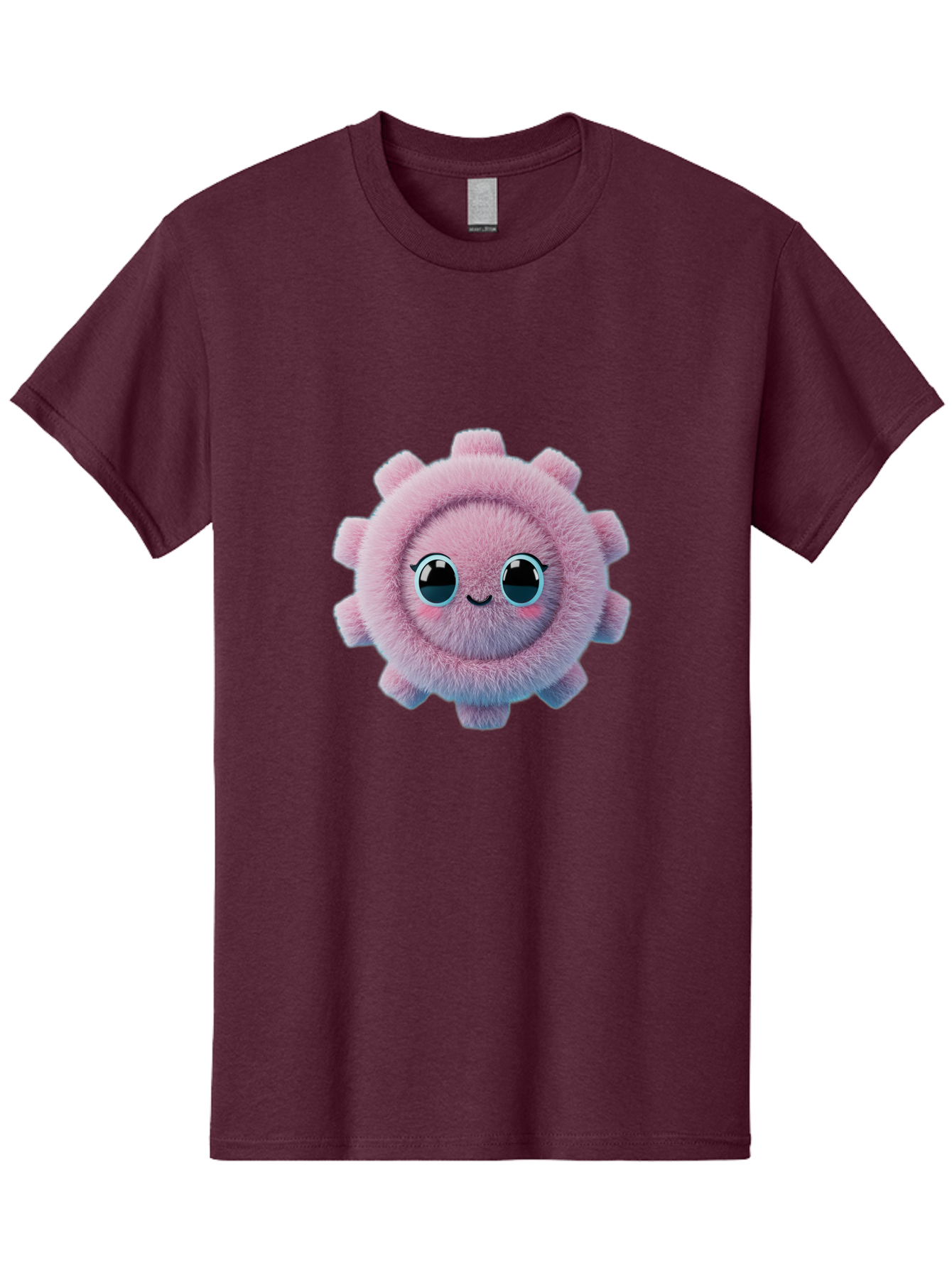 Pink-Fuzzy-Gear Men'S Graphic Tee, 100% Cotton, Comfortable Casual Summer Wear, Machine Washable, Cute Cartoon Character, Fluffy Virus, Pink And Purple Hues, Smiling Face, Big Eyes, Whimsical Design, Funny Illustration, Soft Texture, Bad429