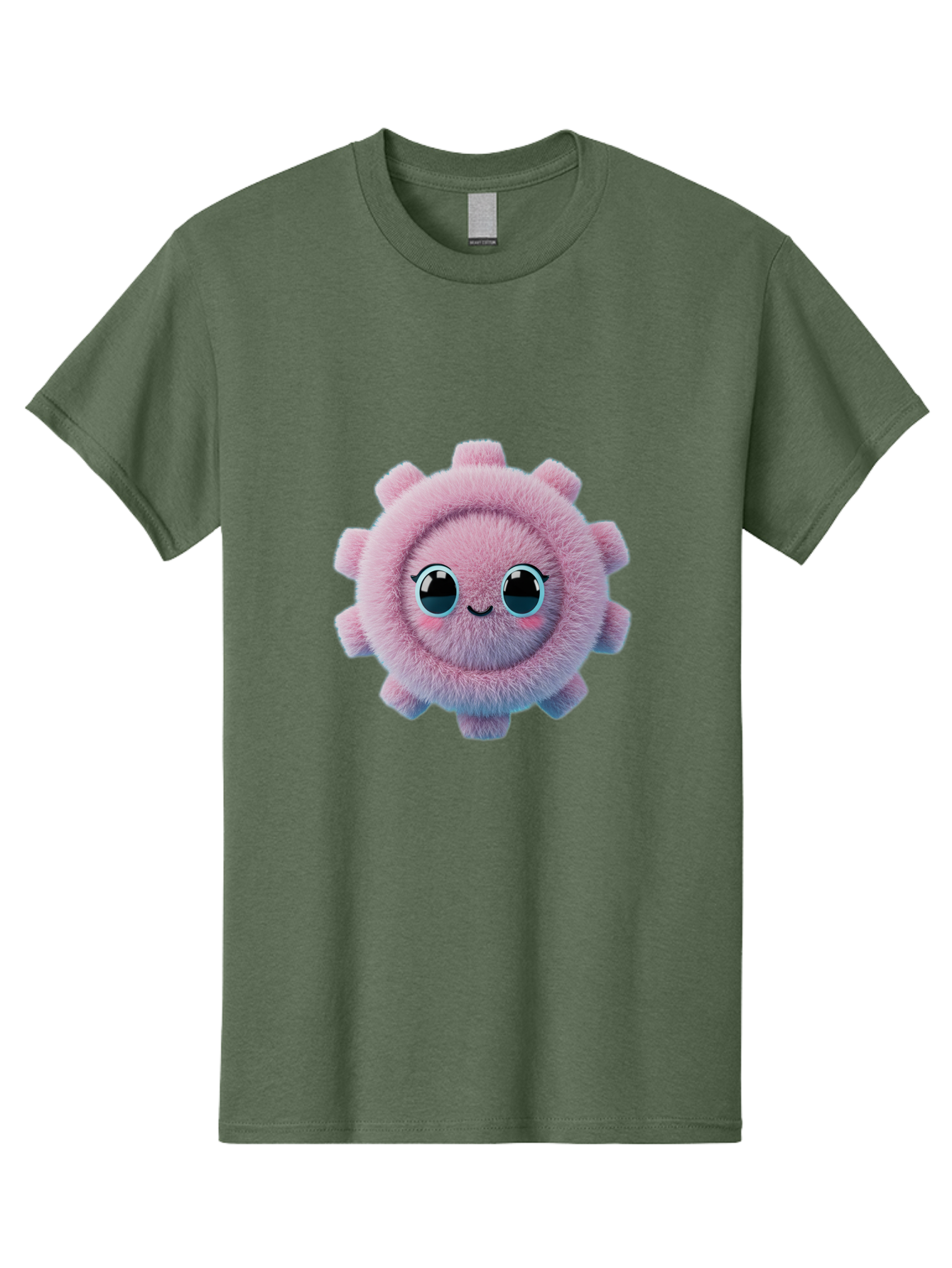 Pink-Fuzzy-Gear Men'S Graphic Tee, 100% Cotton, Comfortable Casual Summer Wear, Machine Washable, Cute Cartoon Character, Fluffy Virus, Pink And Purple Hues, Smiling Face, Big Eyes, Whimsical Design, Funny Illustration, Soft Texture, Bad429