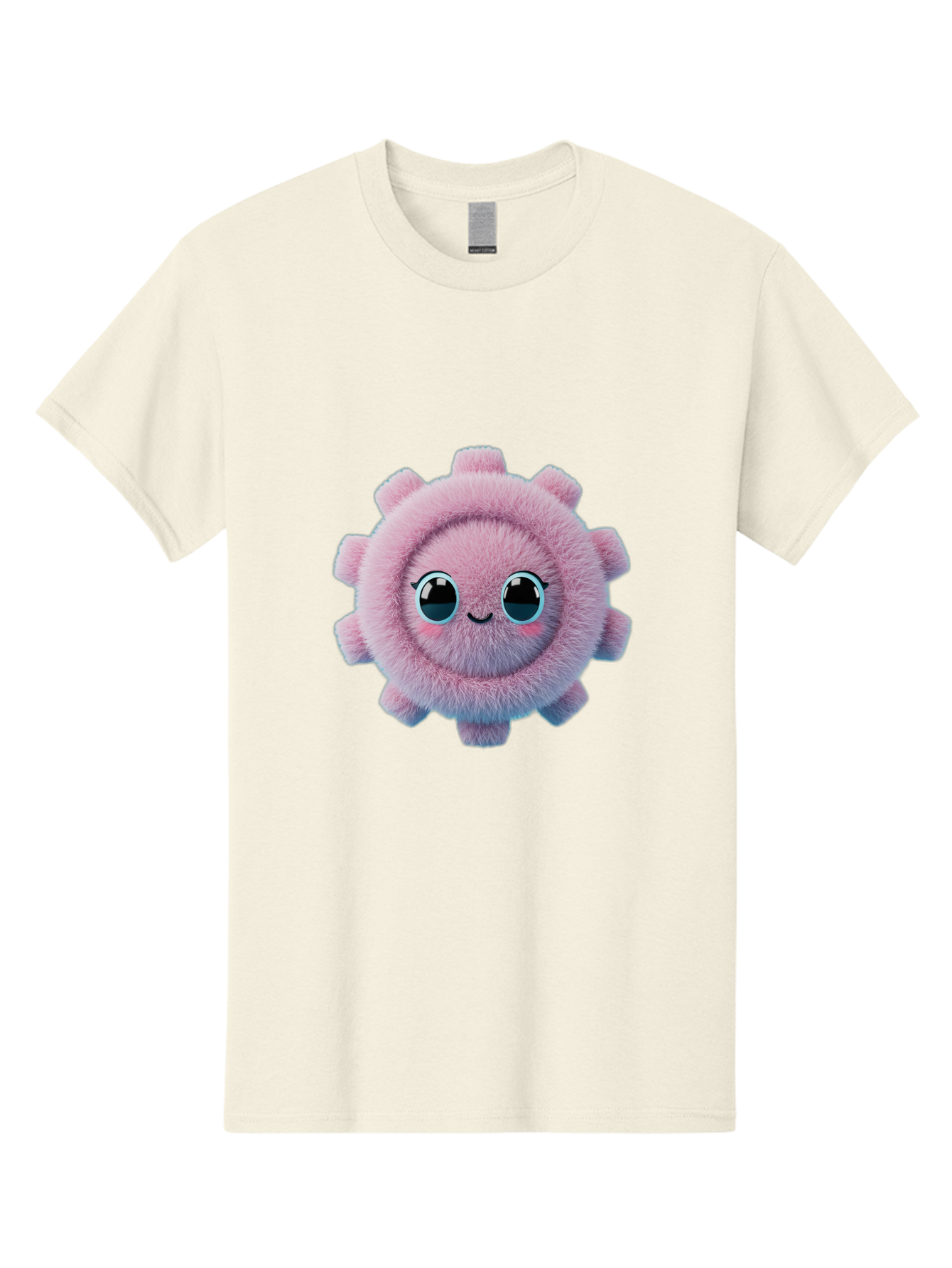 Pink-Fuzzy-Gear Men'S Graphic Tee, 100% Cotton, Comfortable Casual Summer Wear, Machine Washable, Cute Cartoon Character, Fluffy Virus, Pink And Purple Hues, Smiling Face, Big Eyes, Whimsical Design, Funny Illustration, Soft Texture, Bad429