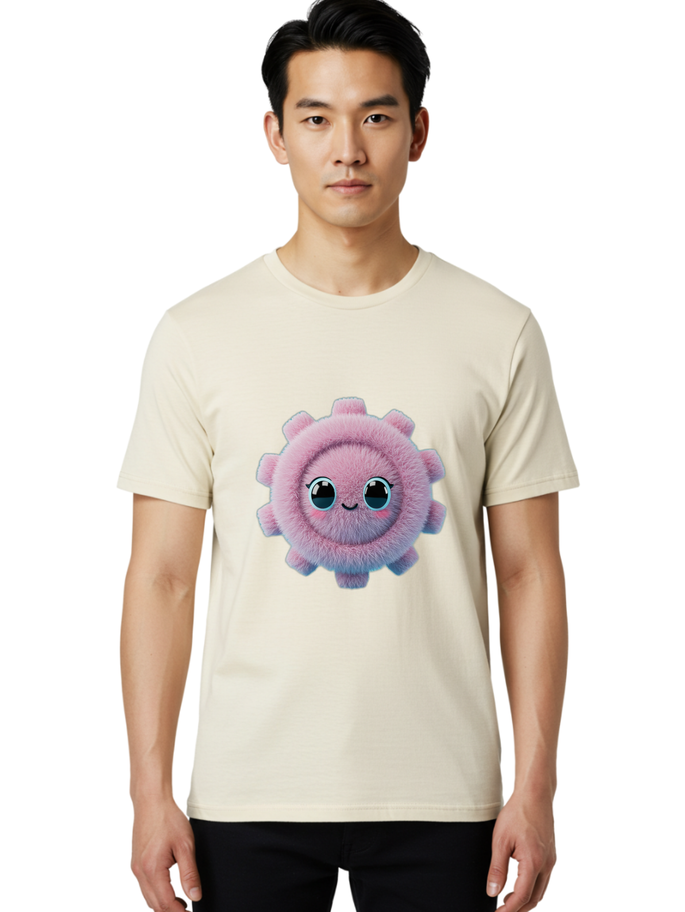 Pink-Fuzzy-Gear Men'S Graphic Tee, 100% Cotton, Comfortable Casual Summer Wear, Machine Washable, Cute Cartoon Character, Fluffy Virus, Pink And Purple Hues, Smiling Face, Big Eyes, Whimsical Design, Funny Illustration, Soft Texture, Bad429
