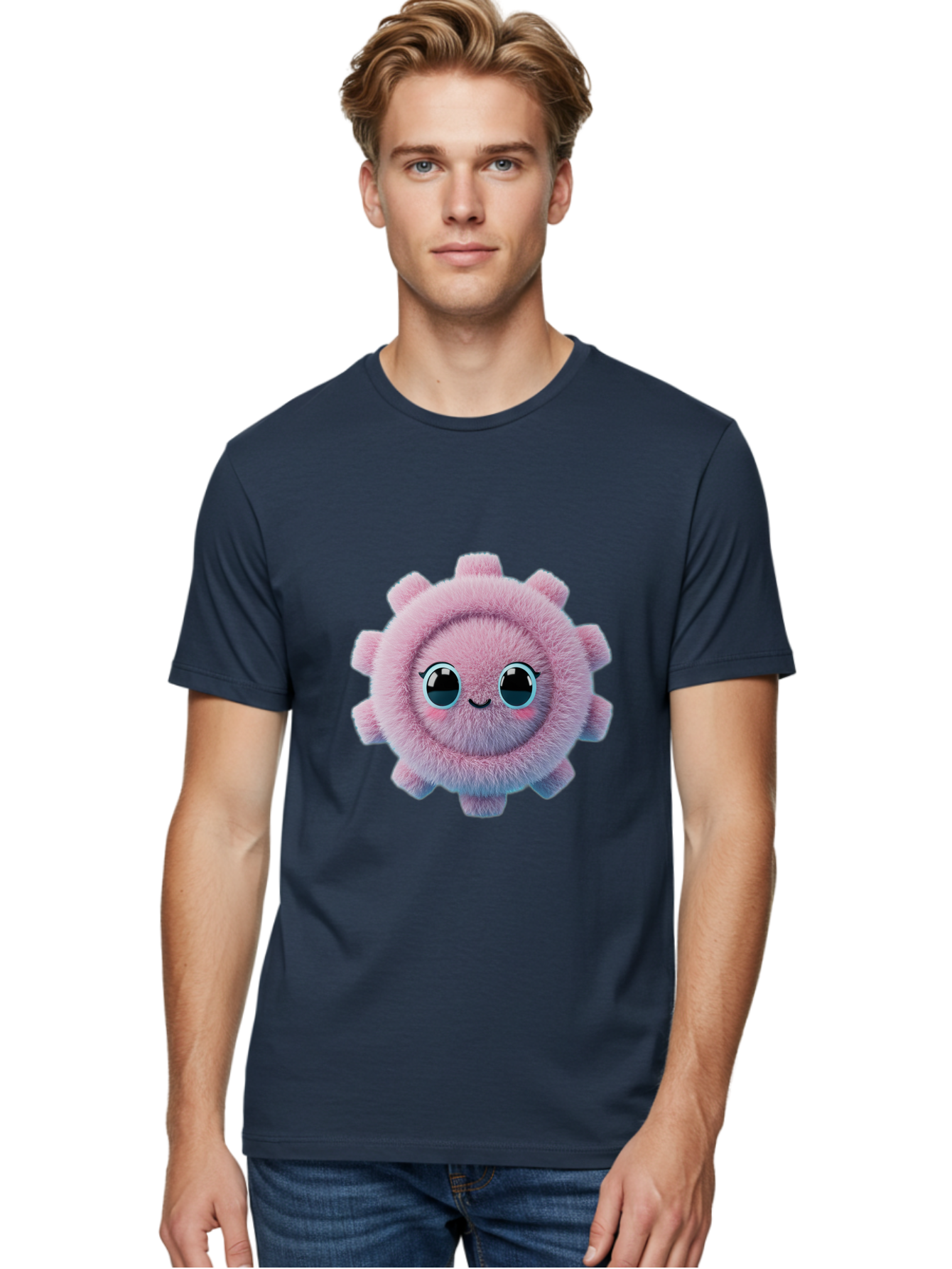 Pink-Fuzzy-Gear Men'S Graphic Tee, 100% Cotton, Comfortable Casual Summer Wear, Machine Washable, Cute Cartoon Character, Fluffy Virus, Pink And Purple Hues, Smiling Face, Big Eyes, Whimsical Design, Funny Illustration, Soft Texture, Bad429