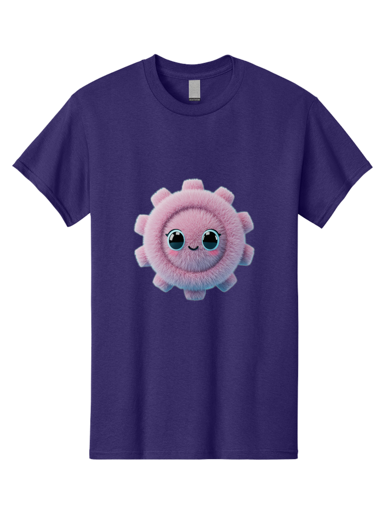 Pink-Fuzzy-Gear Men'S Graphic Tee, 100% Cotton, Comfortable Casual Summer Wear, Machine Washable, Cute Cartoon Character, Fluffy Virus, Pink And Purple Hues, Smiling Face, Big Eyes, Whimsical Design, Funny Illustration, Soft Texture, Bad429