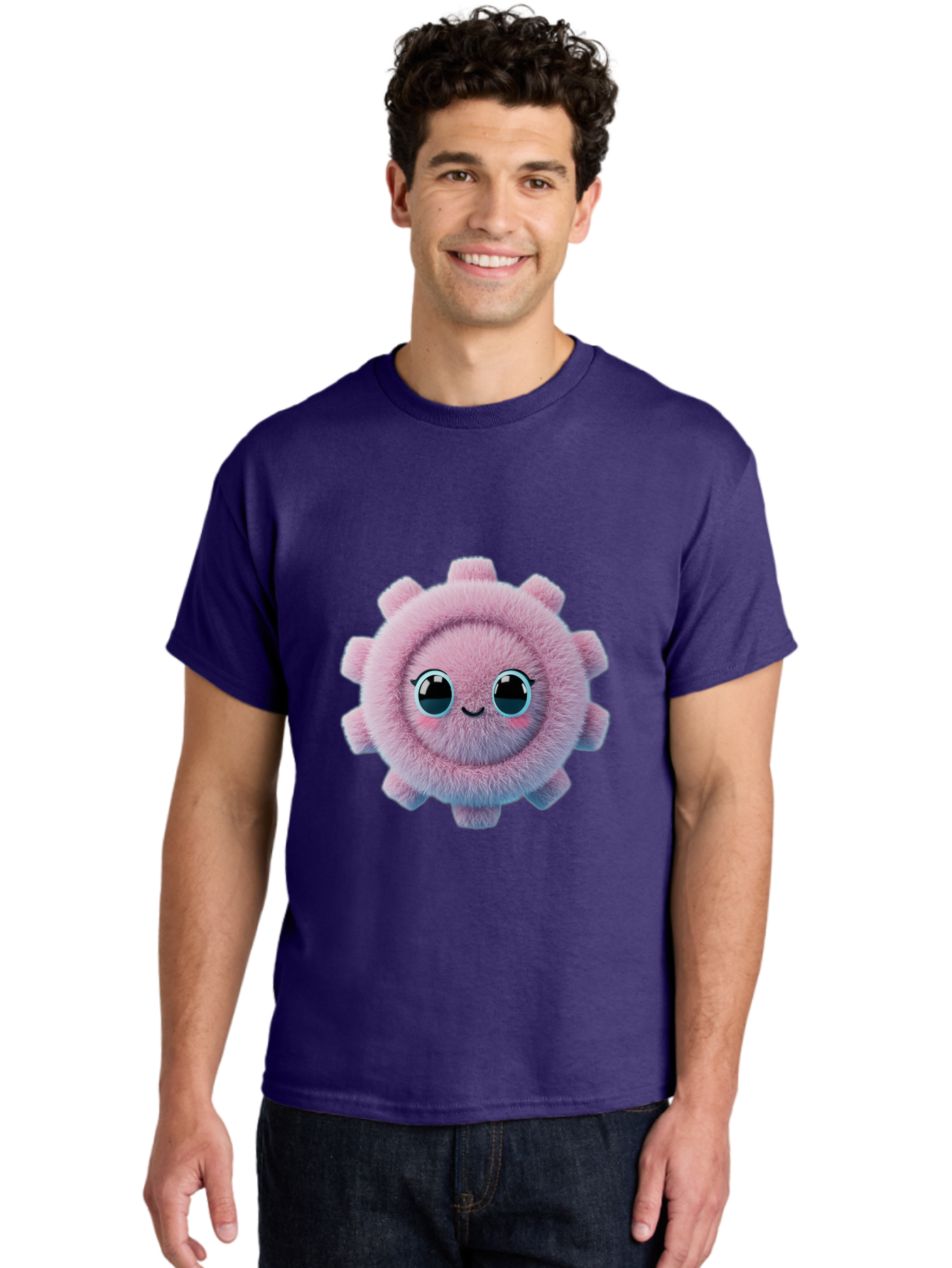 Pink-Fuzzy-Gear Men'S Graphic Tee, 100% Cotton, Comfortable Casual Summer Wear, Machine Washable, Cute Cartoon Character, Fluffy Virus, Pink And Purple Hues, Smiling Face, Big Eyes, Whimsical Design, Funny Illustration, Soft Texture, Bad429