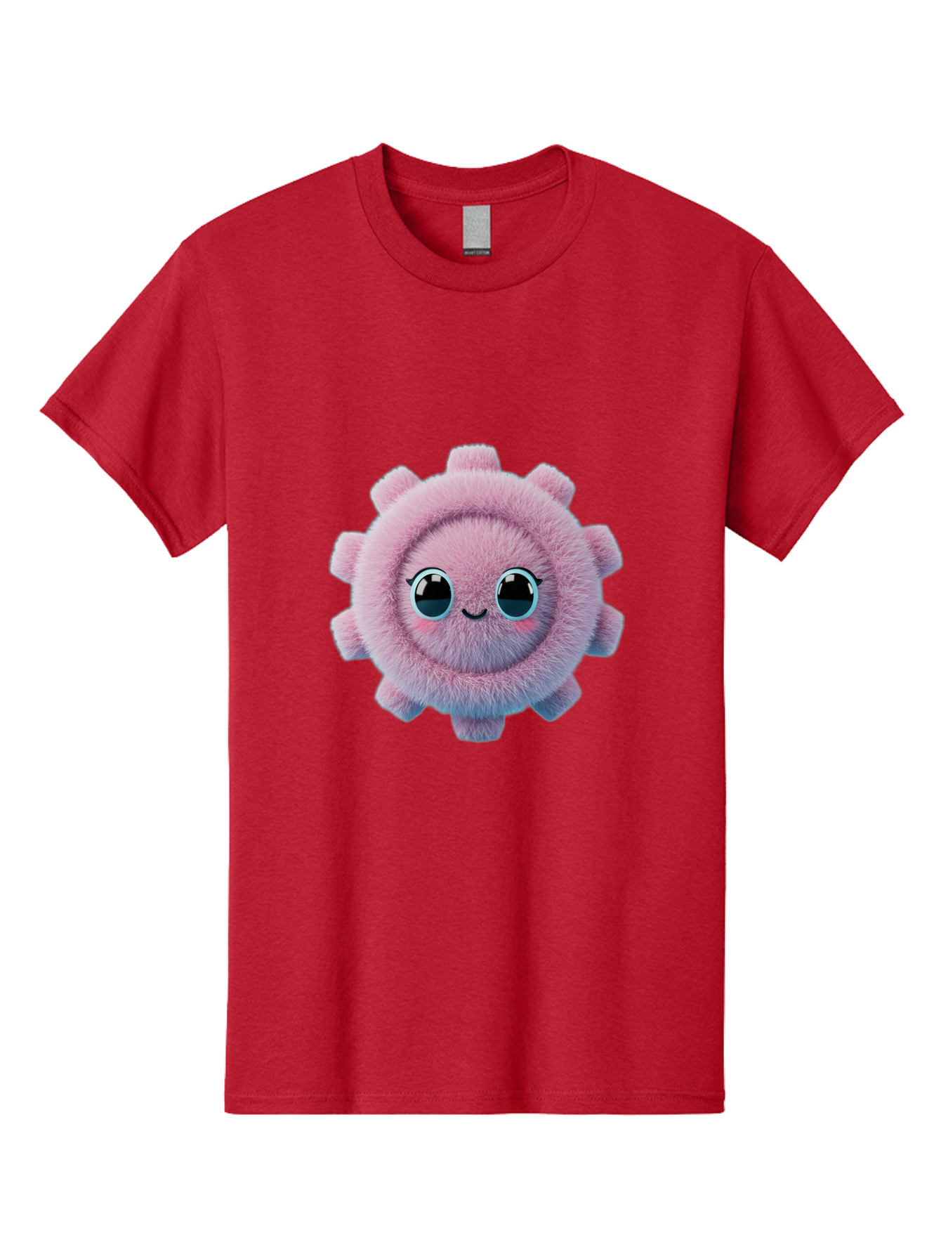 Pink-Fuzzy-Gear Men'S Graphic Tee, 100% Cotton, Comfortable Casual Summer Wear, Machine Washable, Cute Cartoon Character, Fluffy Virus, Pink And Purple Hues, Smiling Face, Big Eyes, Whimsical Design, Funny Illustration, Soft Texture, Bad429