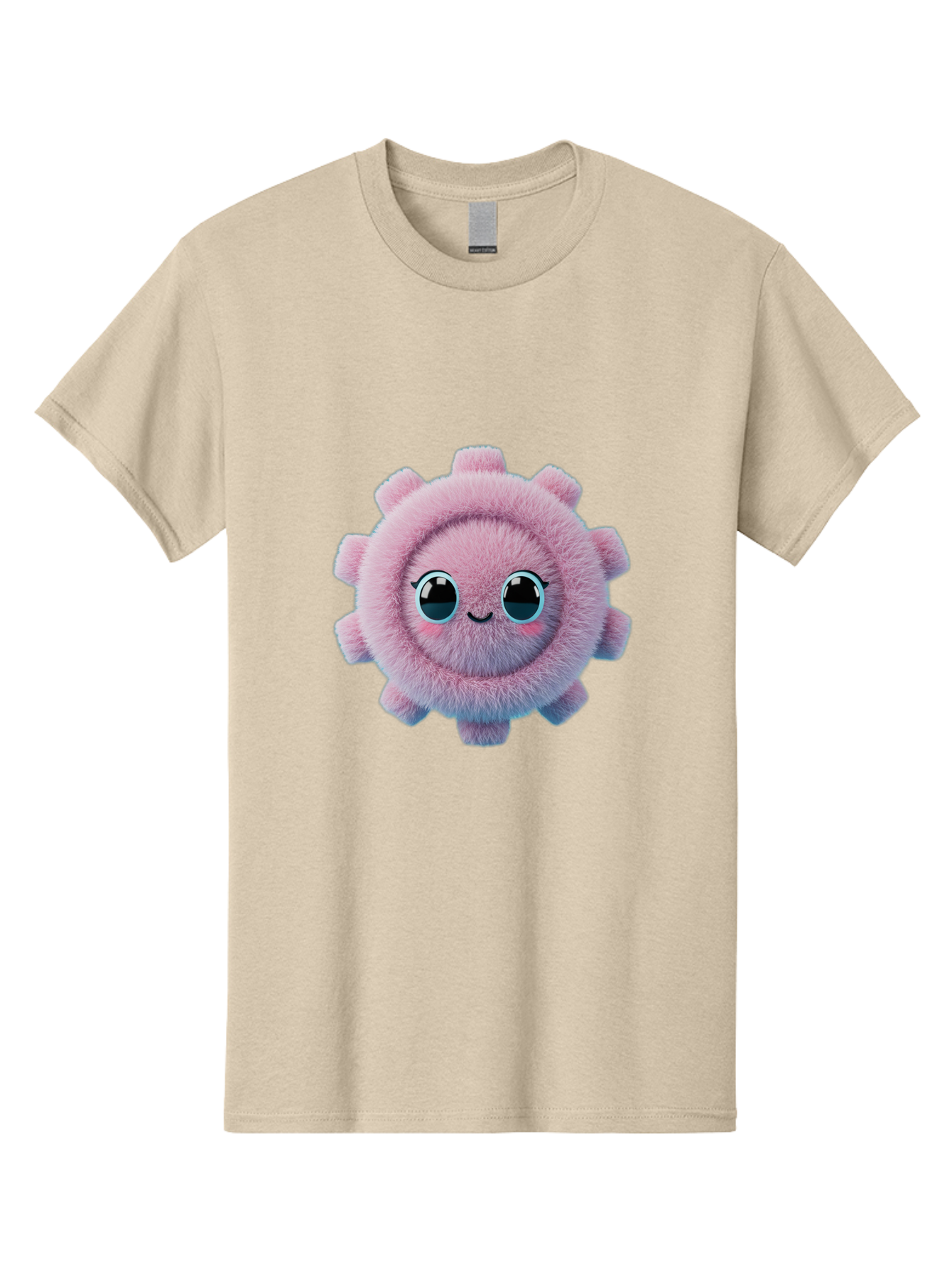 Pink-Fuzzy-Gear Men'S Graphic Tee, 100% Cotton, Comfortable Casual Summer Wear, Machine Washable, Cute Cartoon Character, Fluffy Virus, Pink And Purple Hues, Smiling Face, Big Eyes, Whimsical Design, Funny Illustration, Soft Texture, Bad429