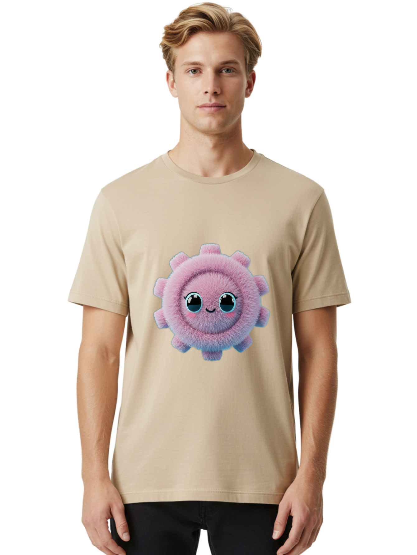 Pink-Fuzzy-Gear Men'S Graphic Tee, 100% Cotton, Comfortable Casual Summer Wear, Machine Washable, Cute Cartoon Character, Fluffy Virus, Pink And Purple Hues, Smiling Face, Big Eyes, Whimsical Design, Funny Illustration, Soft Texture, Bad429