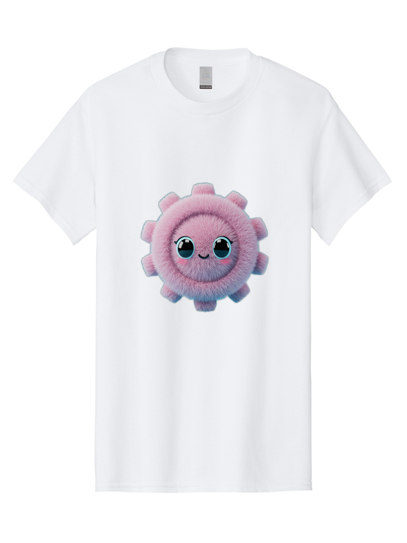 Pink-Fuzzy-Gear Men'S Graphic Tee, 100% Cotton, Comfortable Casual Summer Wear, Machine Washable, Cute Cartoon Character, Fluffy Virus, Pink And Purple Hues, Smiling Face, Big Eyes, Whimsical Design, Funny Illustration, Soft Texture, Bad429