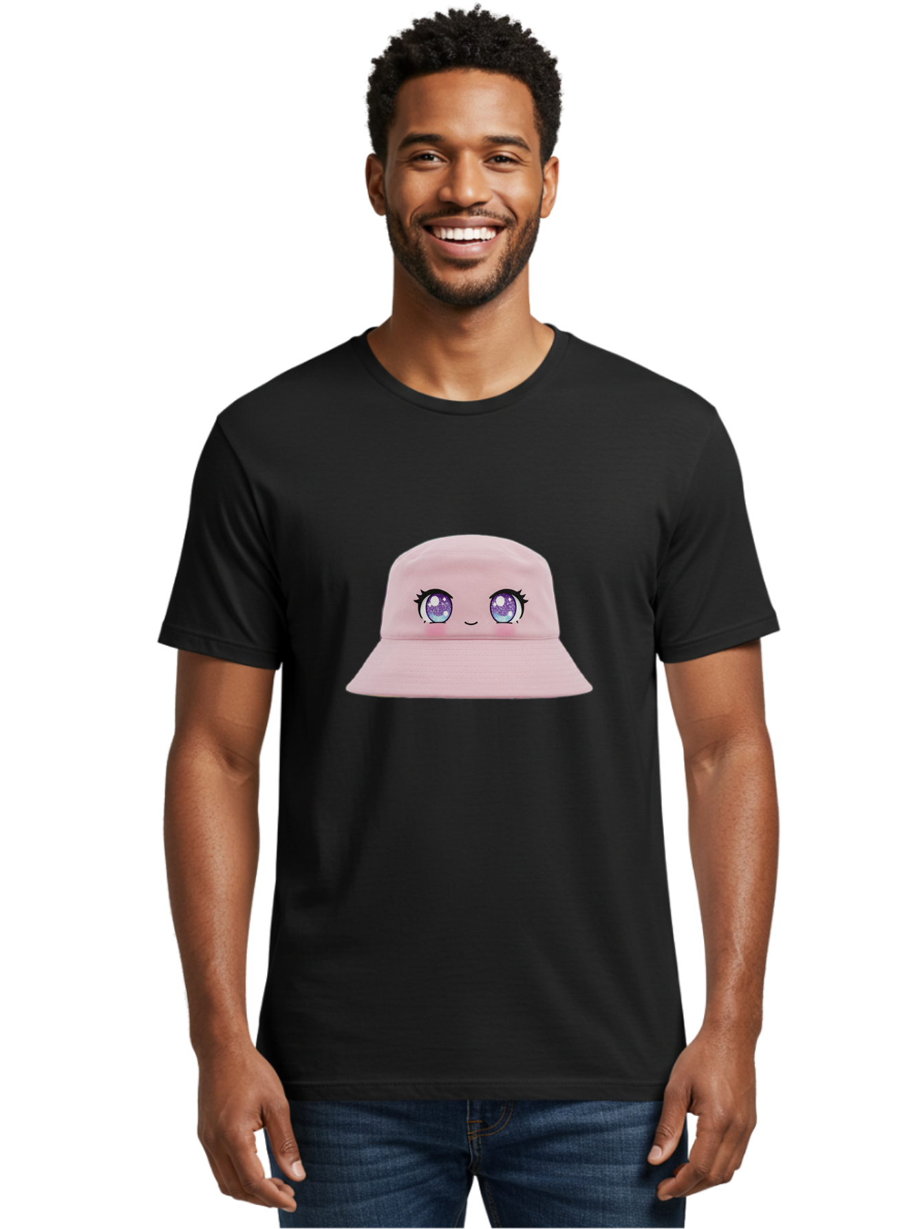 Pink-Hat Men'S Graphic Tee, 100% Cotton, Comfortable Casual Summer Wear, Machine Washable, Kawaii Fashion, Pink Baseball Cap, Cartoon Eyes, Cute Face, Kawaii Accessories, Pastel Fashion, Cute Hats, Fashion Trends, Kawaii Style Bad430