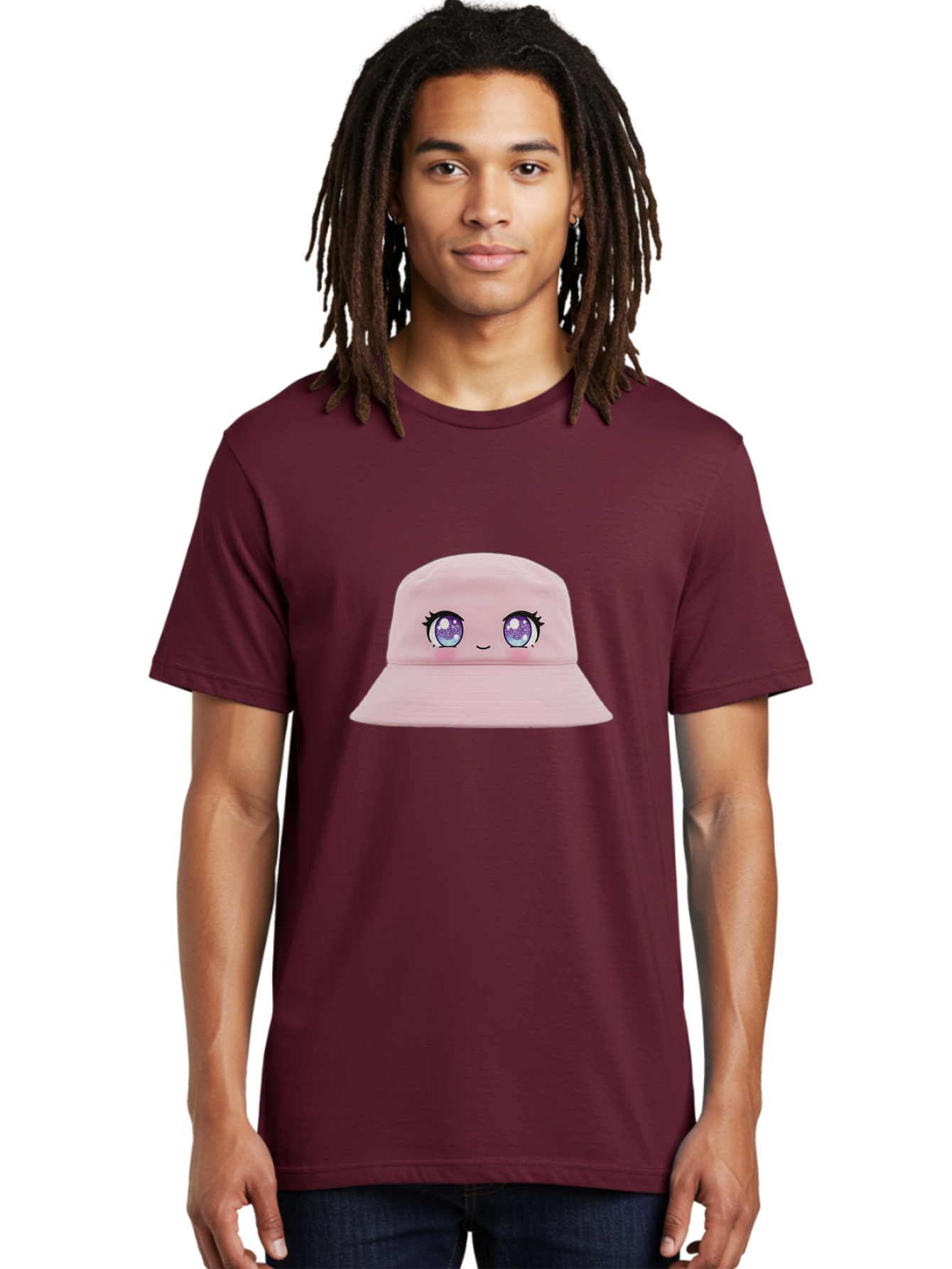 Pink-Hat Men'S Graphic Tee, 100% Cotton, Comfortable Casual Summer Wear, Machine Washable, Kawaii Fashion, Pink Baseball Cap, Cartoon Eyes, Cute Face, Kawaii Accessories, Pastel Fashion, Cute Hats, Fashion Trends, Kawaii Style Bad430