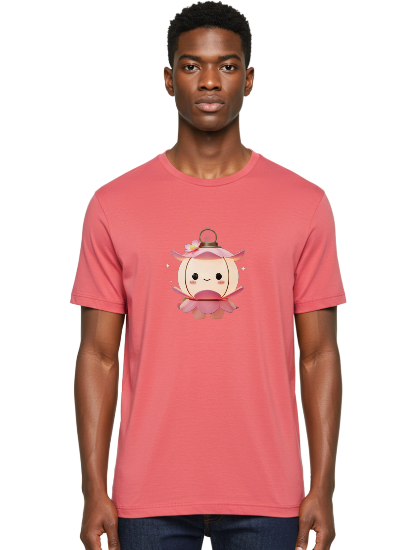 Pink-Lantern-Creature Men'S Graphic Tee, 100% Cotton, Comfortable Casual Summer Wear, Machine Washable, Cartoon Character, Pink Lantern, Fantasy Creature, Kawaii Art, Digital Illustration, Anime Style, Cute Face, Smiling, Rosy Cheeks, Bad431