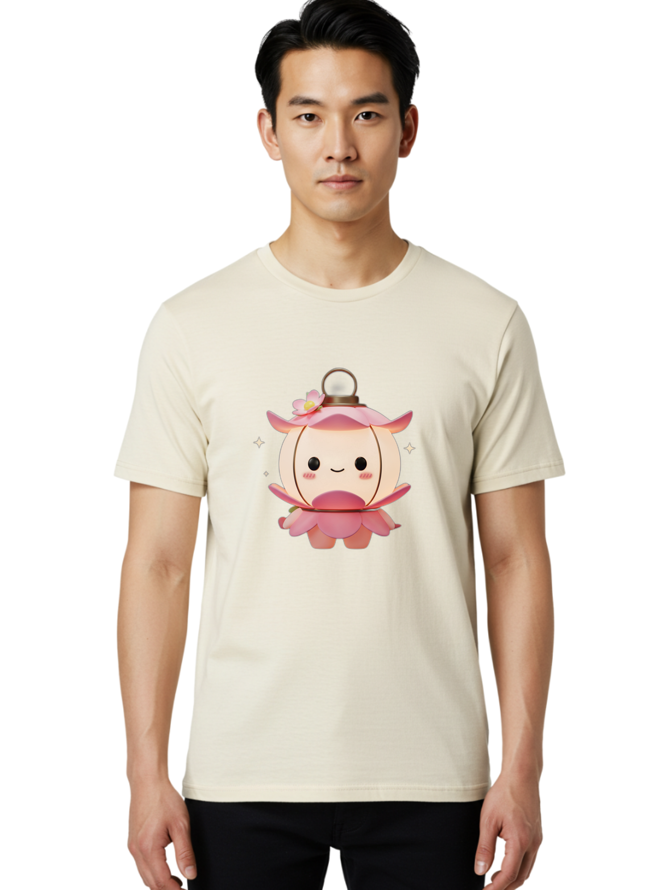 Pink-Lantern-Creature Men'S Graphic Tee, 100% Cotton, Comfortable Casual Summer Wear, Machine Washable, Cartoon Character, Pink Lantern, Fantasy Creature, Kawaii Art, Digital Illustration, Anime Style, Cute Face, Smiling, Rosy Cheeks, Bad431