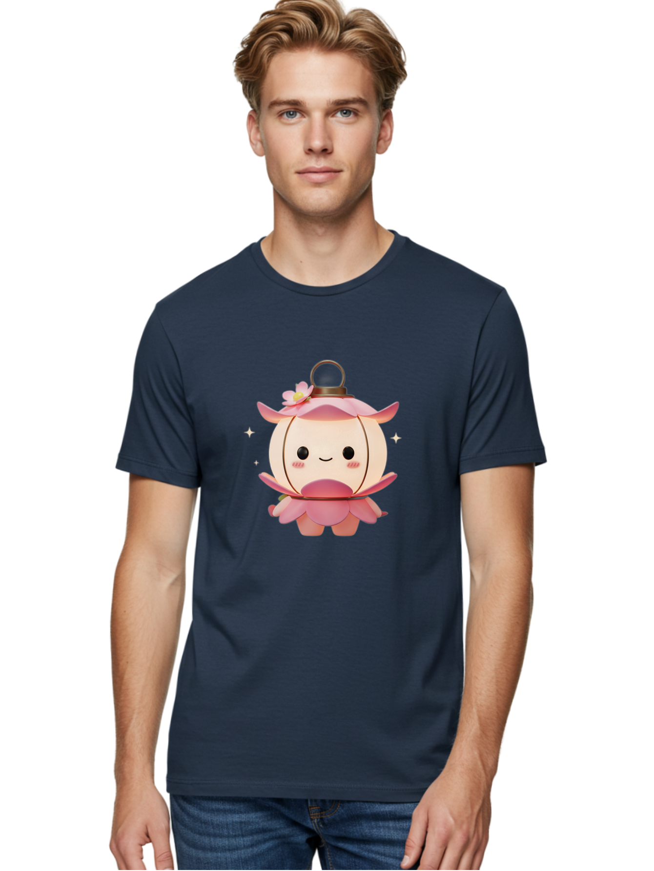 Pink-Lantern-Creature Men'S Graphic Tee, 100% Cotton, Comfortable Casual Summer Wear, Machine Washable, Cartoon Character, Pink Lantern, Fantasy Creature, Kawaii Art, Digital Illustration, Anime Style, Cute Face, Smiling, Rosy Cheeks, Bad431