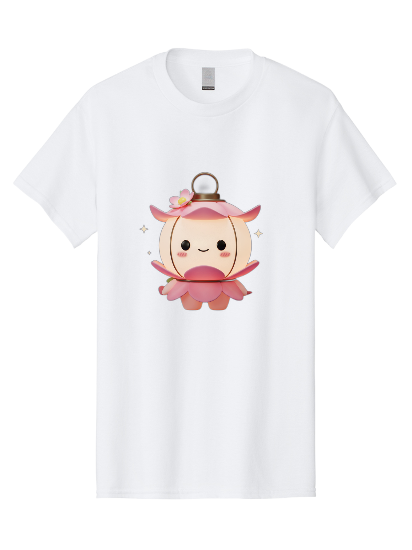 Pink-Lantern-Creature Men'S Graphic Tee, 100% Cotton, Comfortable Casual Summer Wear, Machine Washable, Cartoon Character, Pink Lantern, Fantasy Creature, Kawaii Art, Digital Illustration, Anime Style, Cute Face, Smiling, Rosy Cheeks, Bad431