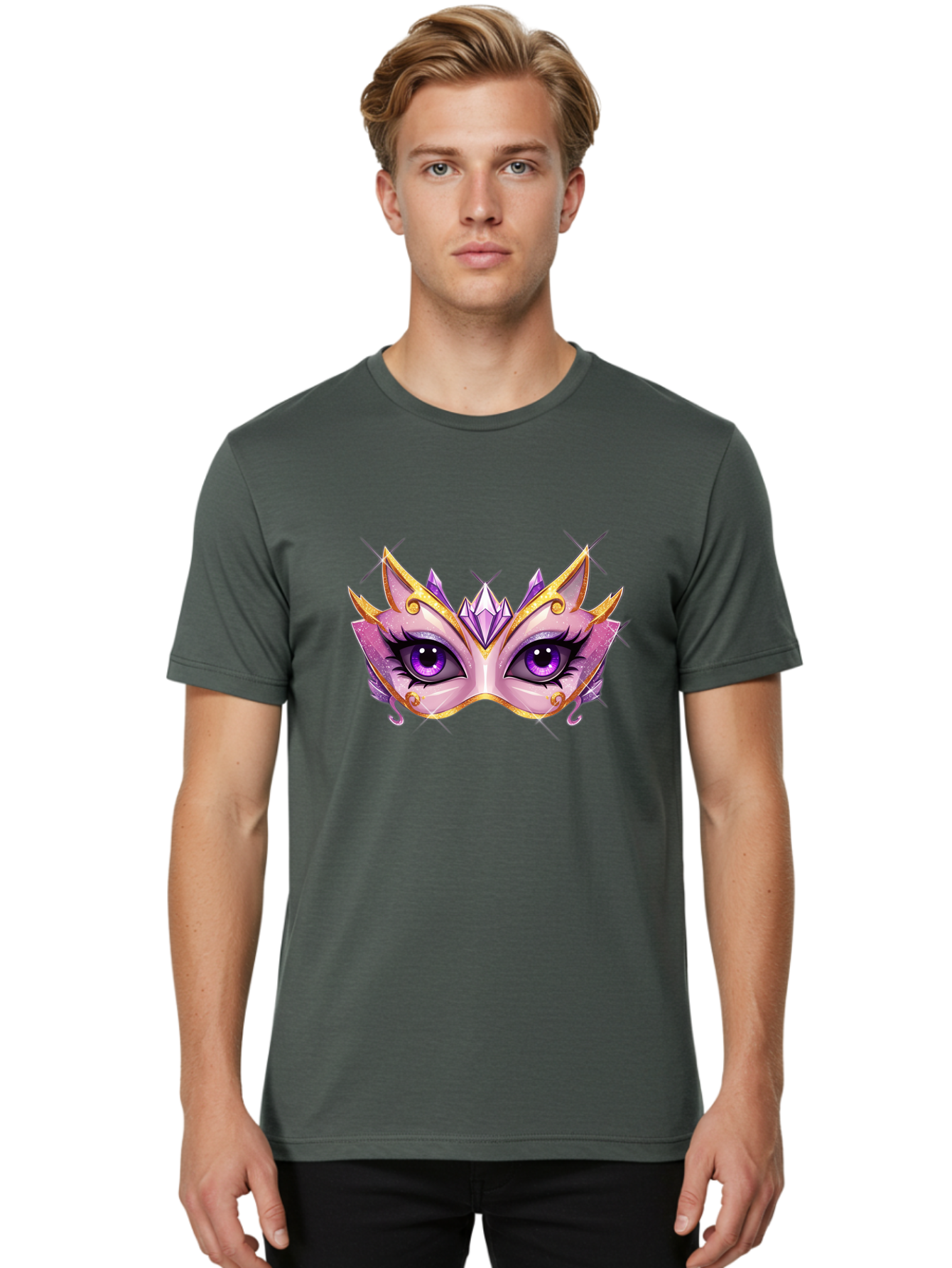 Pink-Mask Men'S Graphic Tee, 100% Cotton, Comfortable Casual Summer Wear, Machine Washable, Masquerade Mask, Purple Eyes, Gold Trim, Luxury Design, Mysterious Gaze, Decorative Mask, Elegant Face Mask, Carnival Accessory Bad433