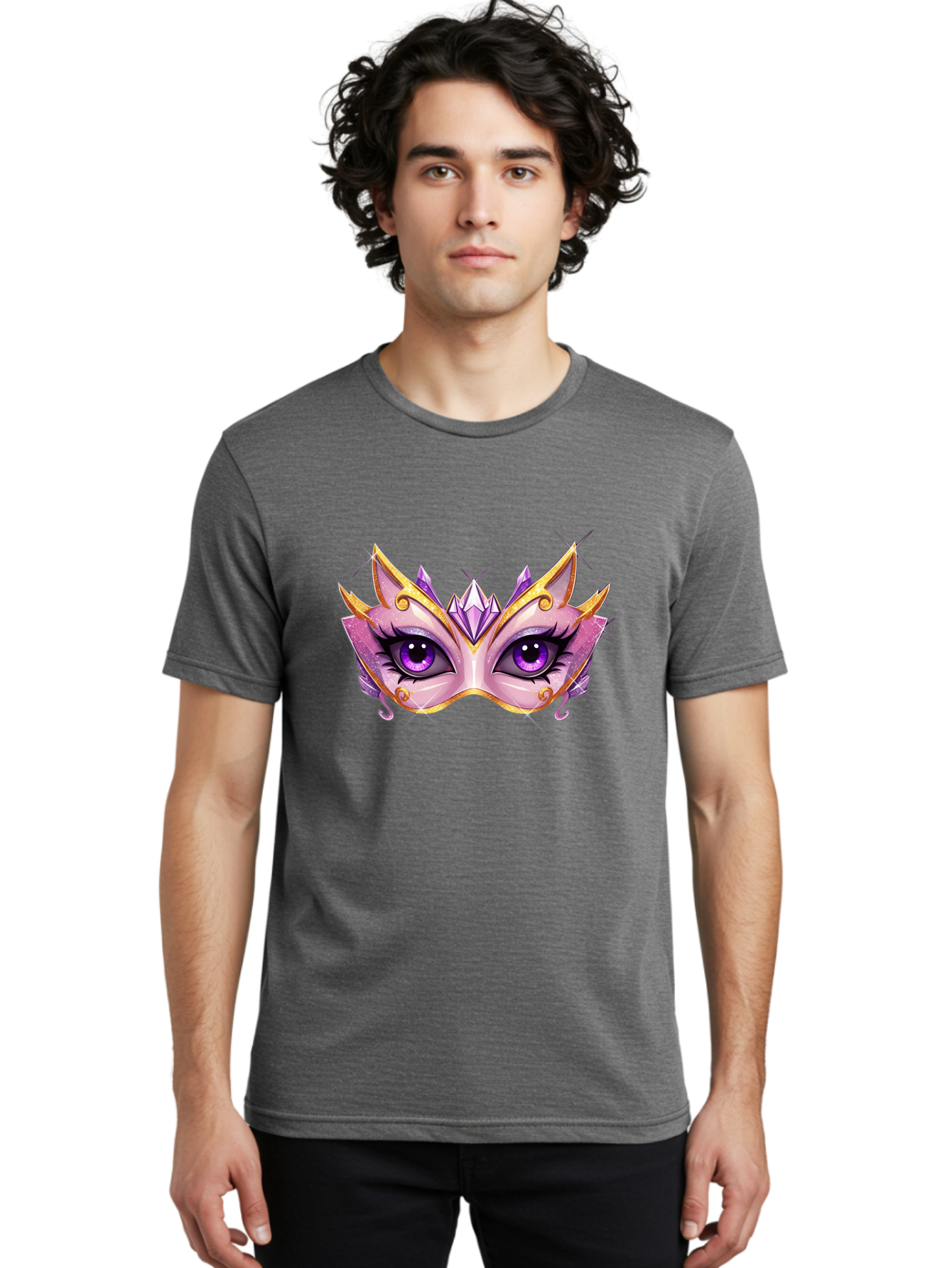 Pink-Mask Men'S Graphic Tee, 100% Cotton, Comfortable Casual Summer Wear, Machine Washable, Masquerade Mask, Purple Eyes, Gold Trim, Luxury Design, Mysterious Gaze, Decorative Mask, Elegant Face Mask, Carnival Accessory Bad433