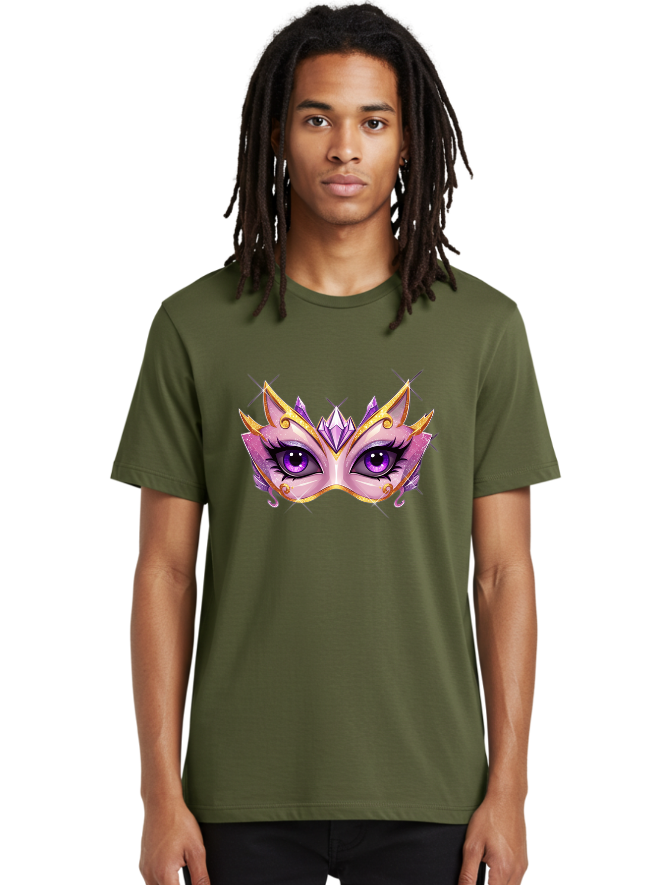 Pink-Mask Men'S Graphic Tee, 100% Cotton, Comfortable Casual Summer Wear, Machine Washable, Masquerade Mask, Purple Eyes, Gold Trim, Luxury Design, Mysterious Gaze, Decorative Mask, Elegant Face Mask, Carnival Accessory Bad433