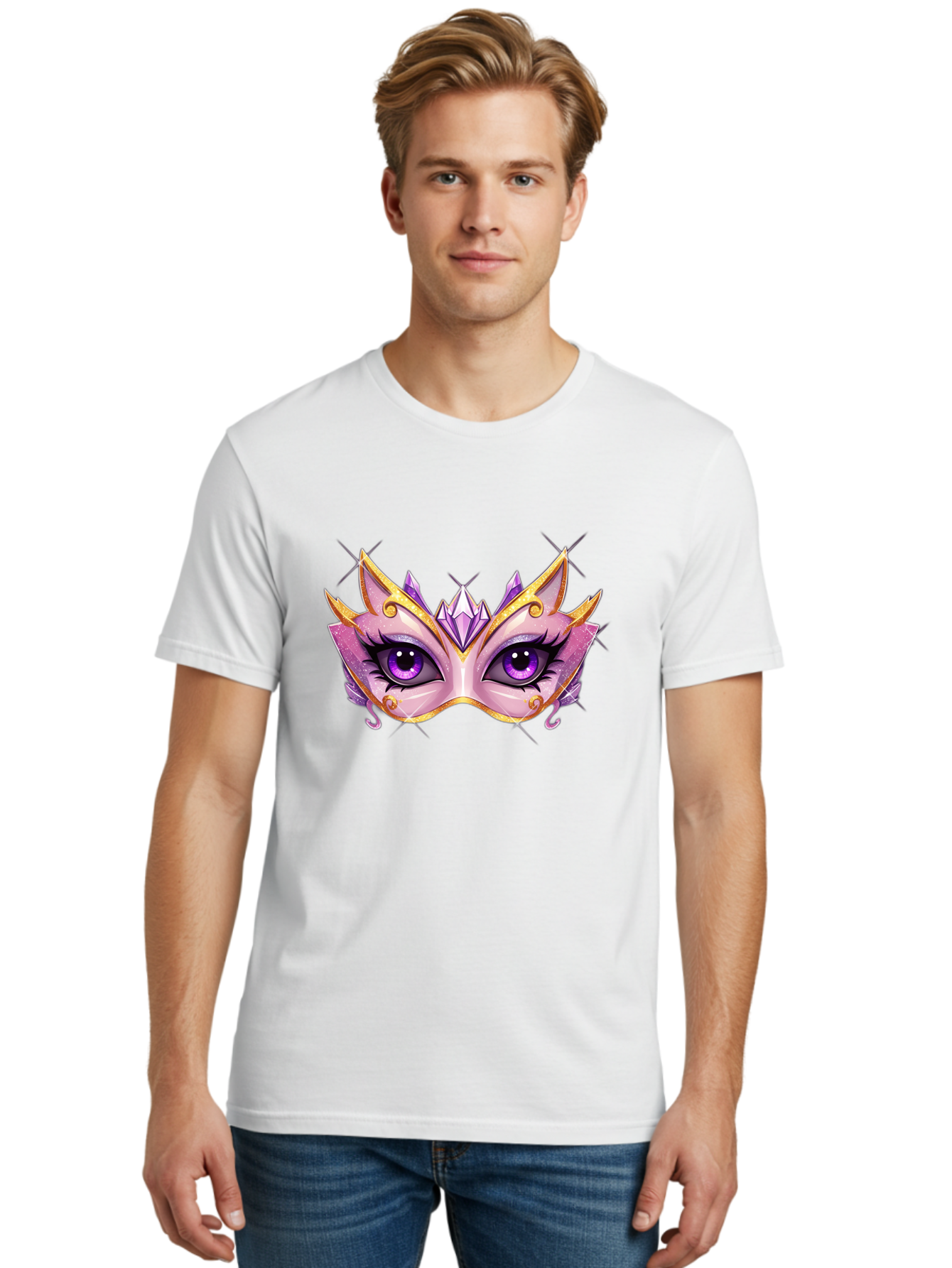 Pink-Mask Men'S Graphic Tee, 100% Cotton, Comfortable Casual Summer Wear, Machine Washable, Masquerade Mask, Purple Eyes, Gold Trim, Luxury Design, Mysterious Gaze, Decorative Mask, Elegant Face Mask, Carnival Accessory Bad433