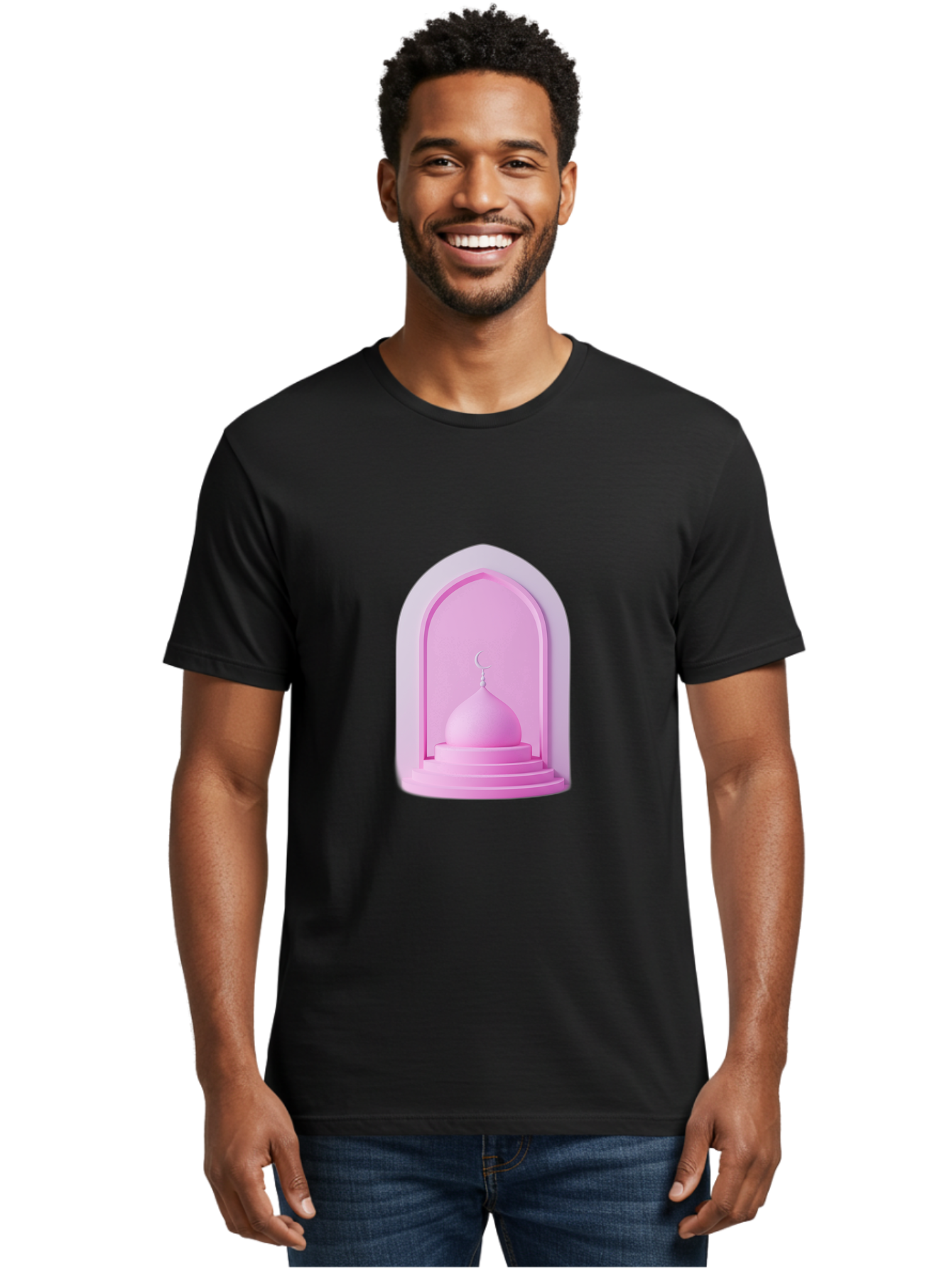 Pink-Mosque-Dome Men'S Graphic Tee, 100% Cotton, Comfortable Casual Summer Wear, Machine Washable, Islamic Architecture, Dome With Crescent Moon, Minimalistic Design, Modern Islamic Art, Religious Symbol, Serene Ambiance, Cultural Heritage Bad434