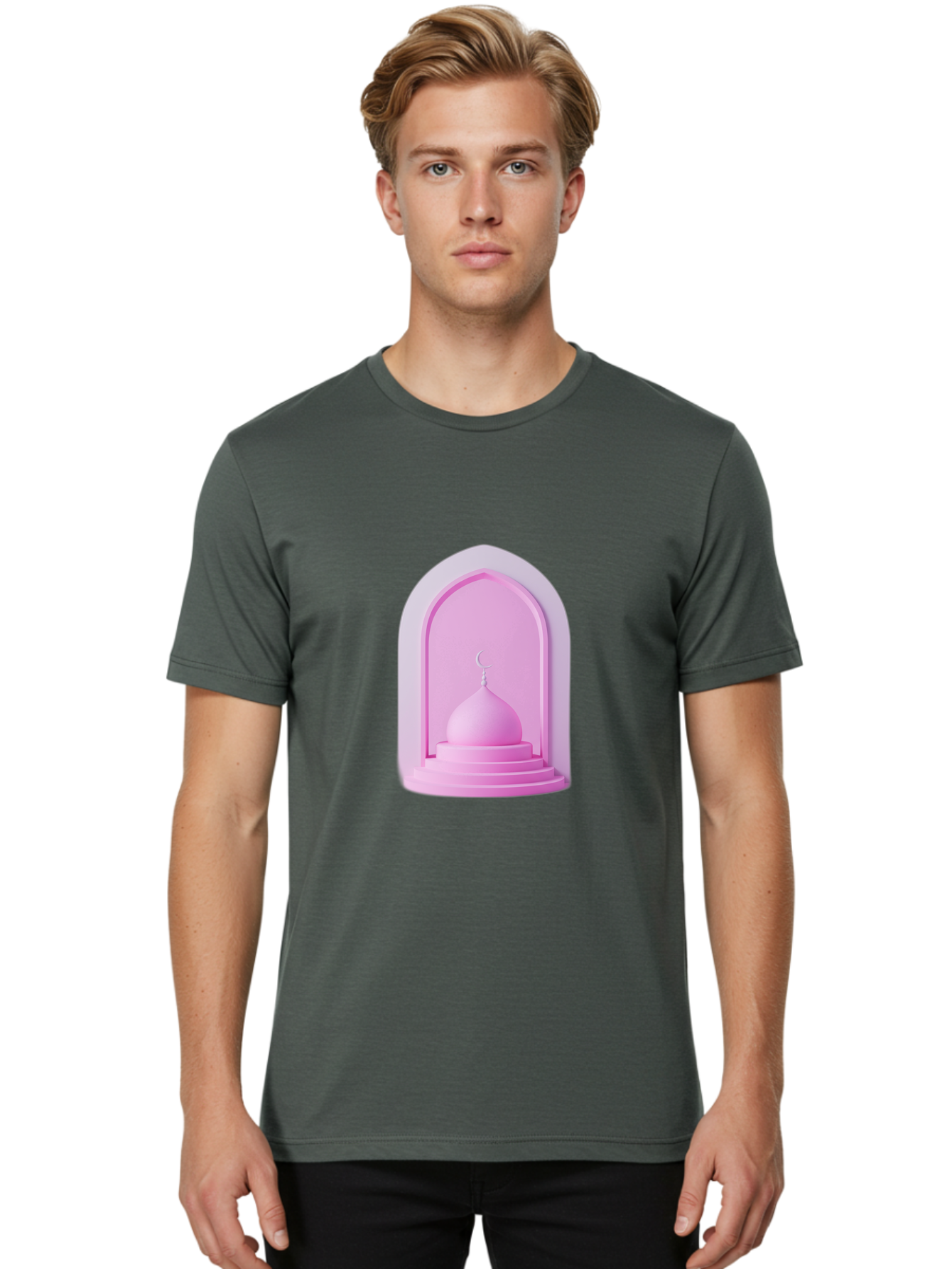 Pink-Mosque-Dome Men'S Graphic Tee, 100% Cotton, Comfortable Casual Summer Wear, Machine Washable, Islamic Architecture, Dome With Crescent Moon, Minimalistic Design, Modern Islamic Art, Religious Symbol, Serene Ambiance, Cultural Heritage Bad434