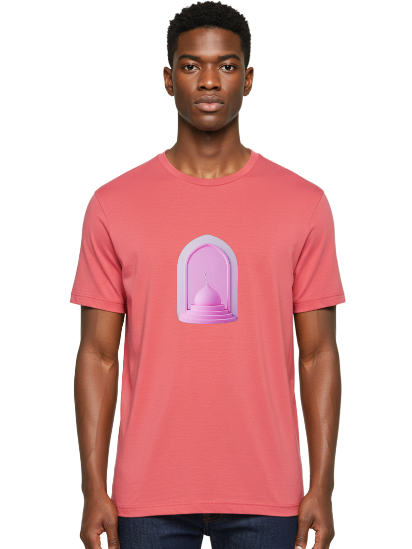 Pink-Mosque-Dome Men'S Graphic Tee, 100% Cotton, Comfortable Casual Summer Wear, Machine Washable, Islamic Architecture, Dome With Crescent Moon, Minimalistic Design, Modern Islamic Art, Religious Symbol, Serene Ambiance, Cultural Heritage Bad434
