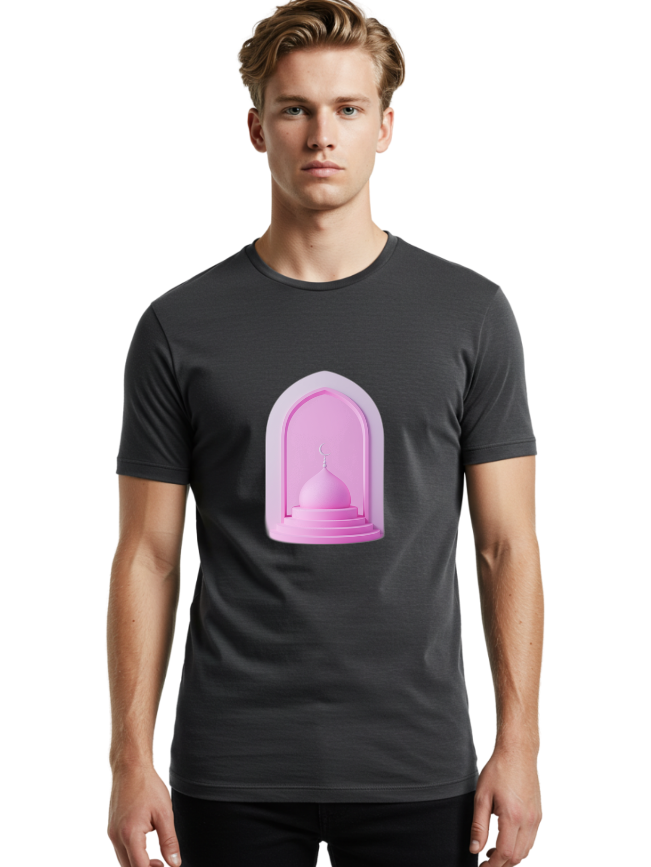 Pink-Mosque-Dome Men'S Graphic Tee, 100% Cotton, Comfortable Casual Summer Wear, Machine Washable, Islamic Architecture, Dome With Crescent Moon, Minimalistic Design, Modern Islamic Art, Religious Symbol, Serene Ambiance, Cultural Heritage Bad434