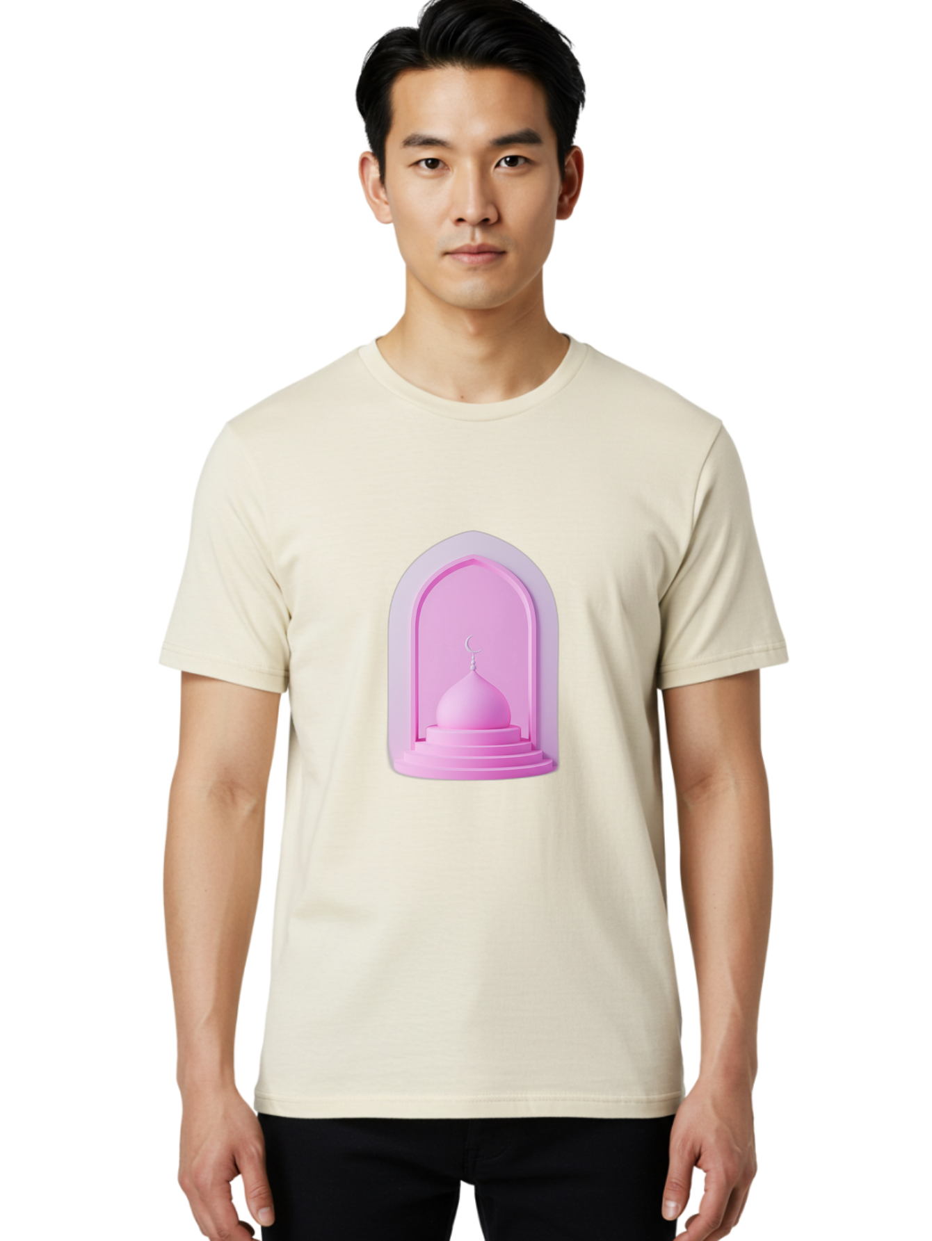 Pink-Mosque-Dome Men'S Graphic Tee, 100% Cotton, Comfortable Casual Summer Wear, Machine Washable, Islamic Architecture, Dome With Crescent Moon, Minimalistic Design, Modern Islamic Art, Religious Symbol, Serene Ambiance, Cultural Heritage Bad434