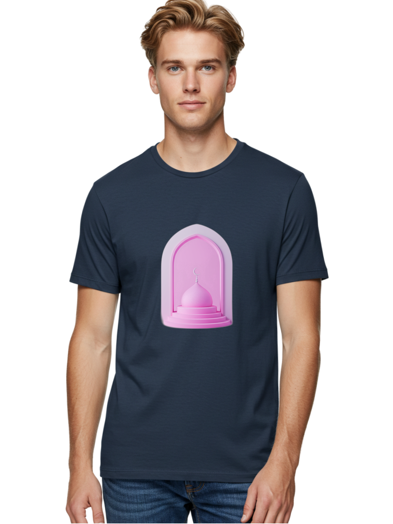 Pink-Mosque-Dome Men'S Graphic Tee, 100% Cotton, Comfortable Casual Summer Wear, Machine Washable, Islamic Architecture, Dome With Crescent Moon, Minimalistic Design, Modern Islamic Art, Religious Symbol, Serene Ambiance, Cultural Heritage Bad434