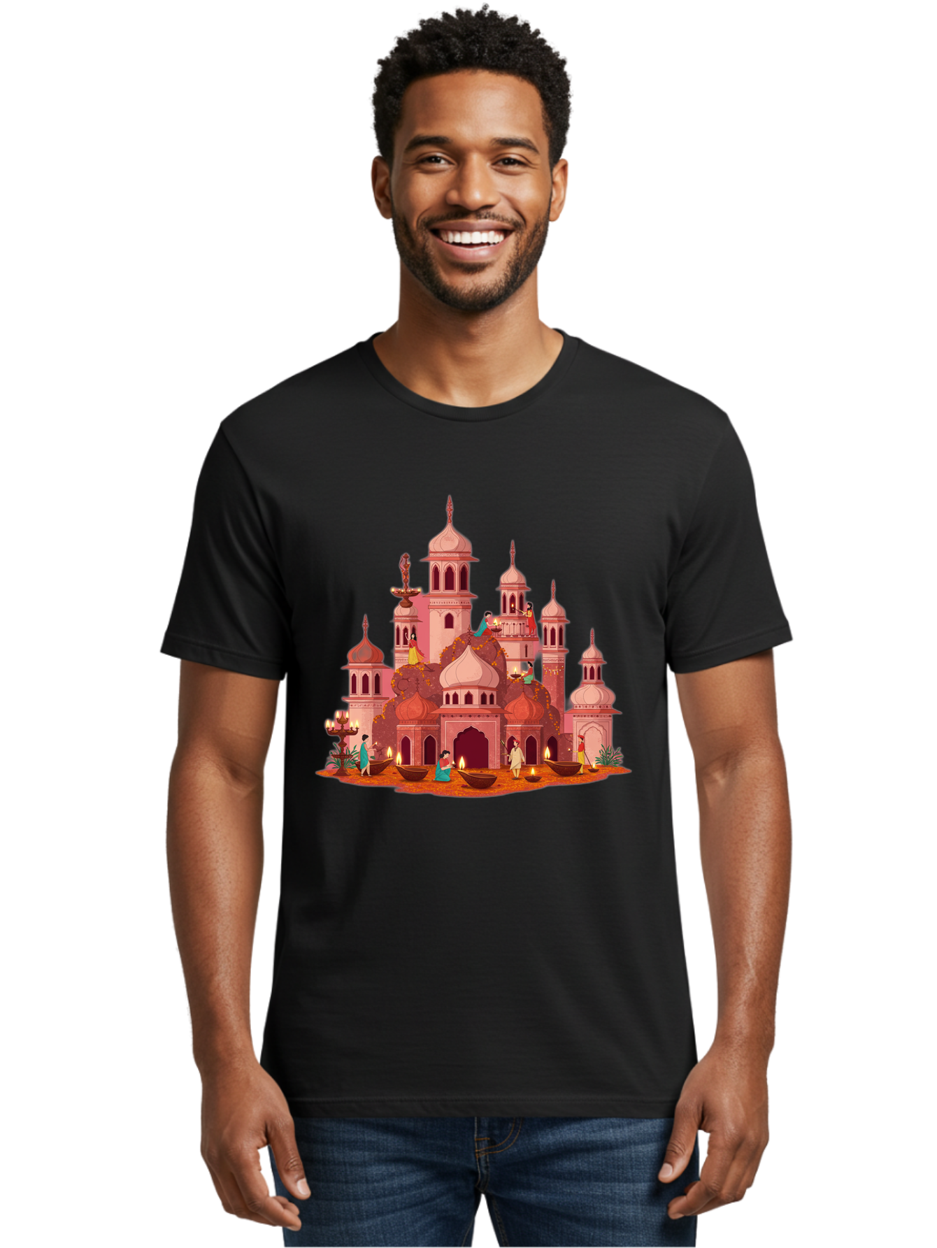 Pink-Palace Men'S Graphic Tee, 100% Cotton, Comfortable Casual Summer Wear, Machine Washable, Pink Castle, Royal Architecture, Ornate Towers, Domed Roofs, People In Traditional Attire, Serene Atmosphere, Lit Candles, Bronze Bowls, Bad435