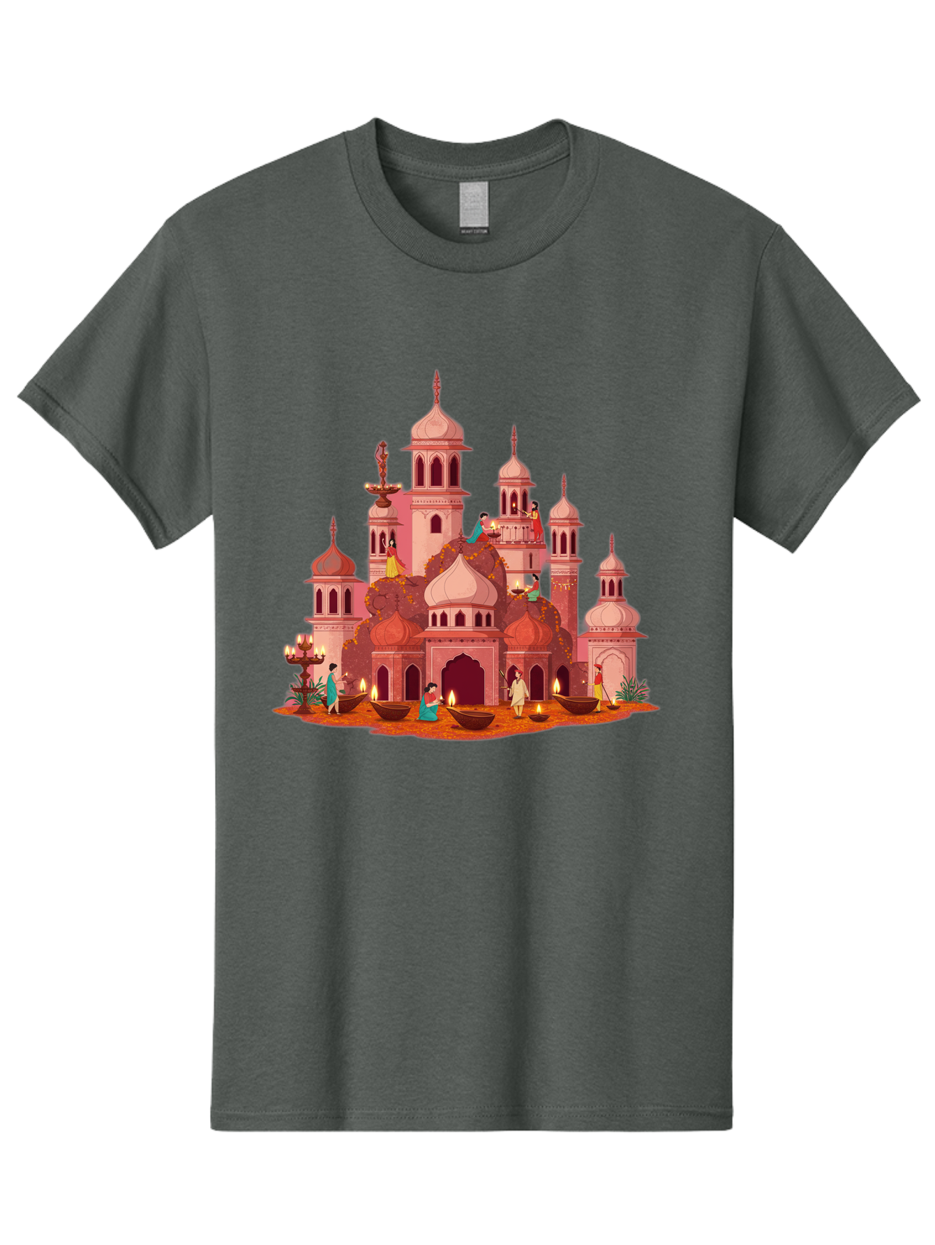 Pink-Palace Men'S Graphic Tee, 100% Cotton, Comfortable Casual Summer Wear, Machine Washable, Pink Castle, Royal Architecture, Ornate Towers, Domed Roofs, People In Traditional Attire, Serene Atmosphere, Lit Candles, Bronze Bowls, Bad435