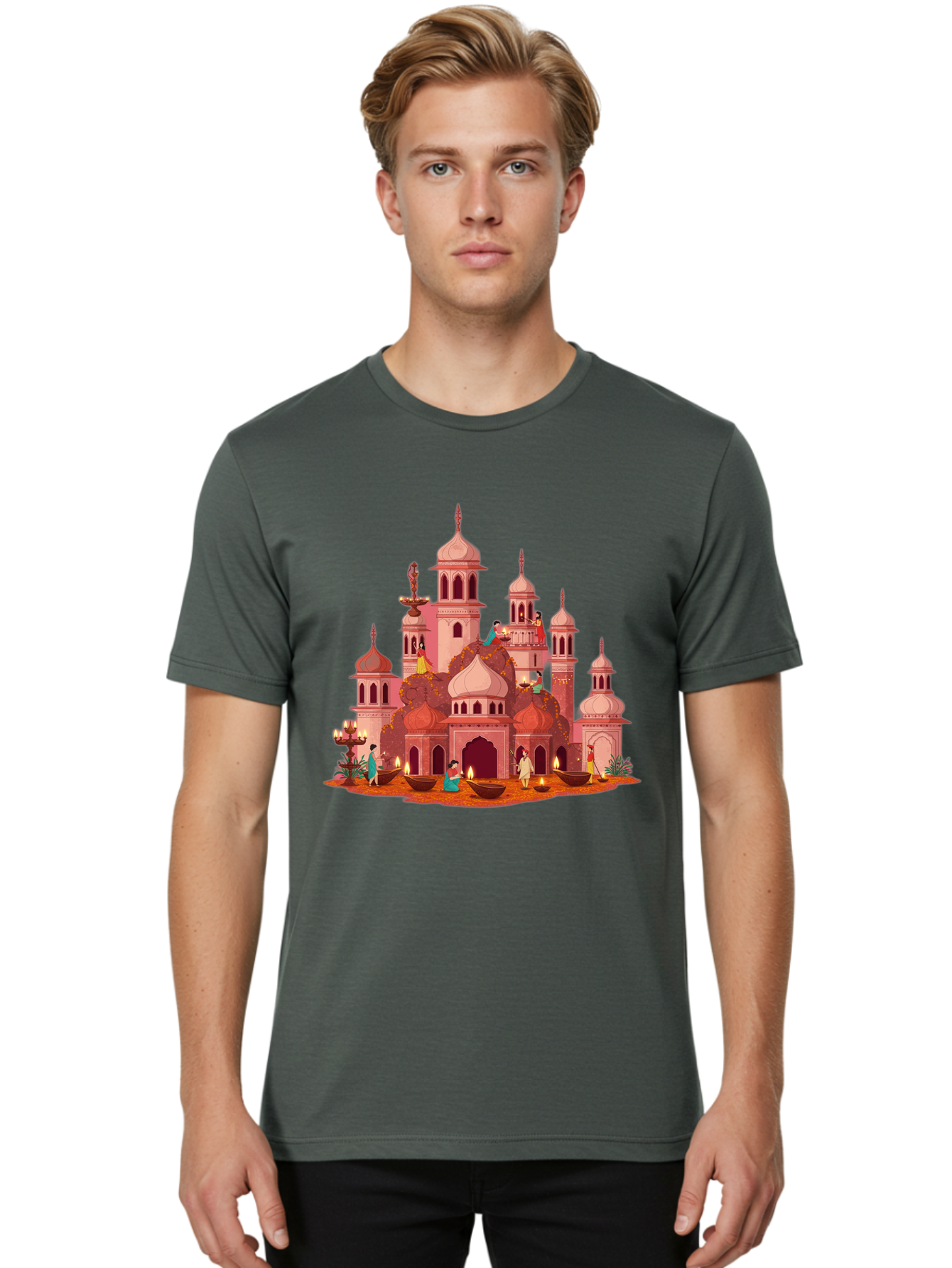 Pink-Palace Men'S Graphic Tee, 100% Cotton, Comfortable Casual Summer Wear, Machine Washable, Pink Castle, Royal Architecture, Ornate Towers, Domed Roofs, People In Traditional Attire, Serene Atmosphere, Lit Candles, Bronze Bowls, Bad435