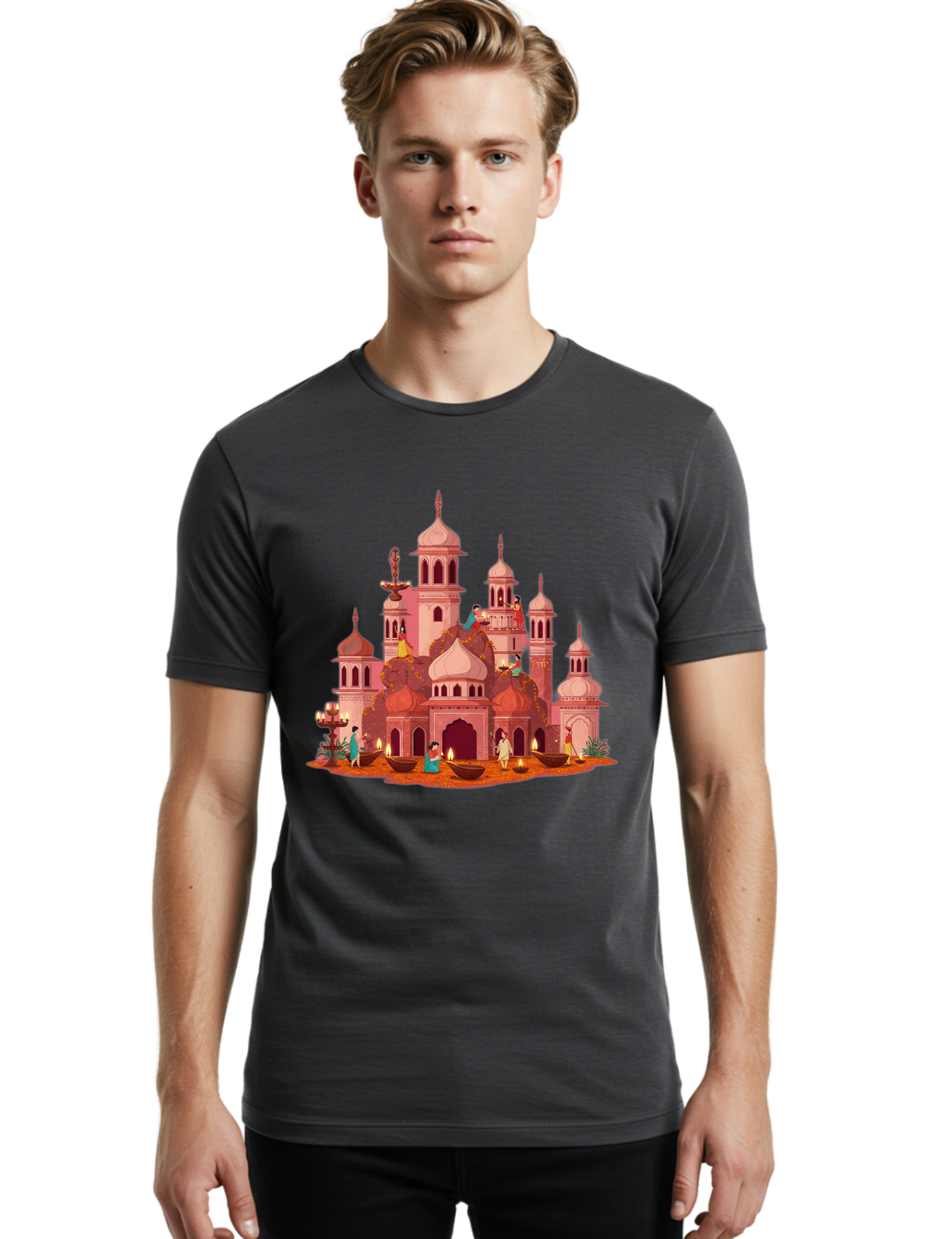 Pink-Palace Men'S Graphic Tee, 100% Cotton, Comfortable Casual Summer Wear, Machine Washable, Pink Castle, Royal Architecture, Ornate Towers, Domed Roofs, People In Traditional Attire, Serene Atmosphere, Lit Candles, Bronze Bowls, Bad435