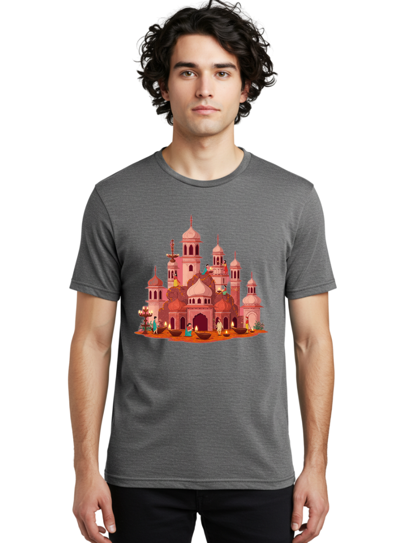 Pink-Palace Men'S Graphic Tee, 100% Cotton, Comfortable Casual Summer Wear, Machine Washable, Pink Castle, Royal Architecture, Ornate Towers, Domed Roofs, People In Traditional Attire, Serene Atmosphere, Lit Candles, Bronze Bowls, Bad435