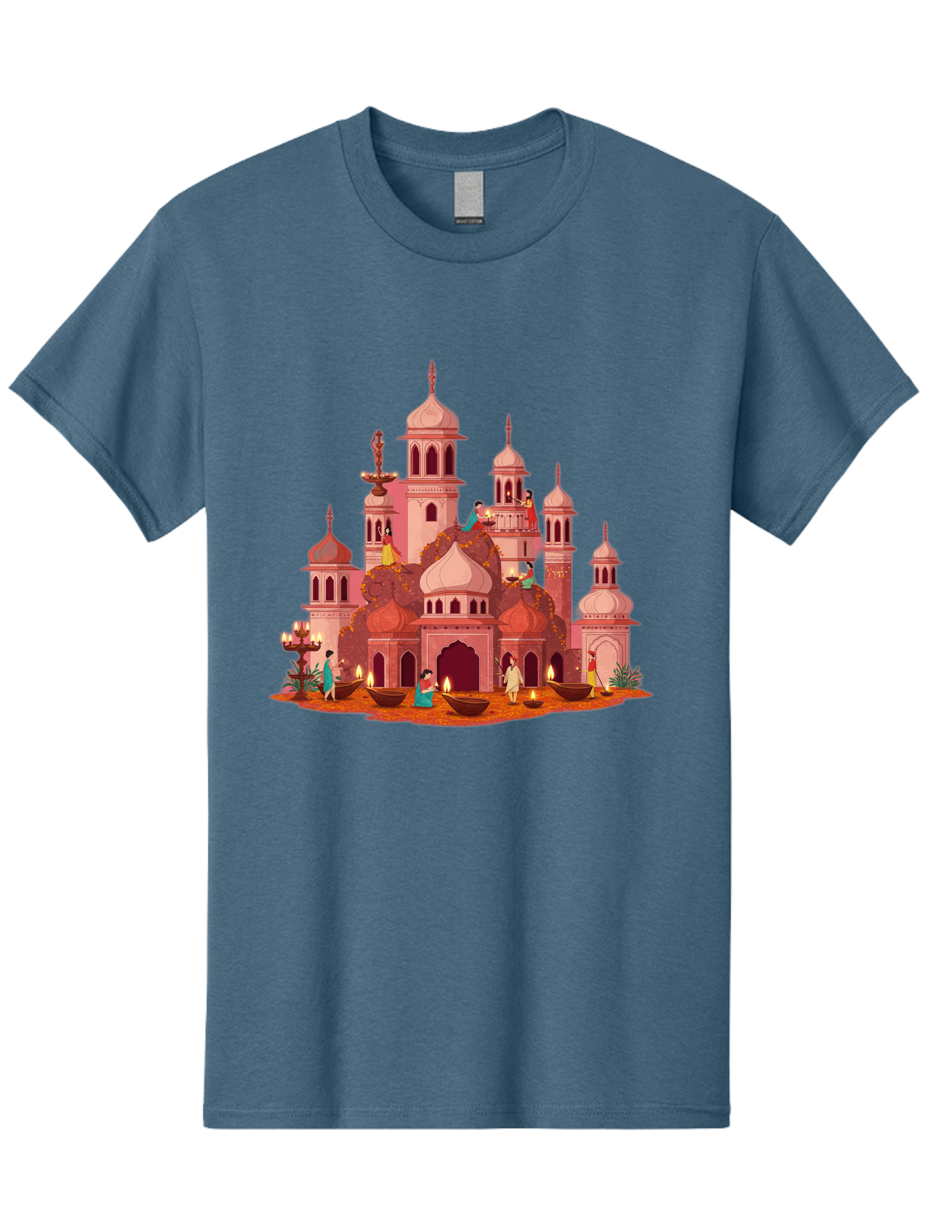 Pink-Palace Men'S Graphic Tee, 100% Cotton, Comfortable Casual Summer Wear, Machine Washable, Pink Castle, Royal Architecture, Ornate Towers, Domed Roofs, People In Traditional Attire, Serene Atmosphere, Lit Candles, Bronze Bowls, Bad435