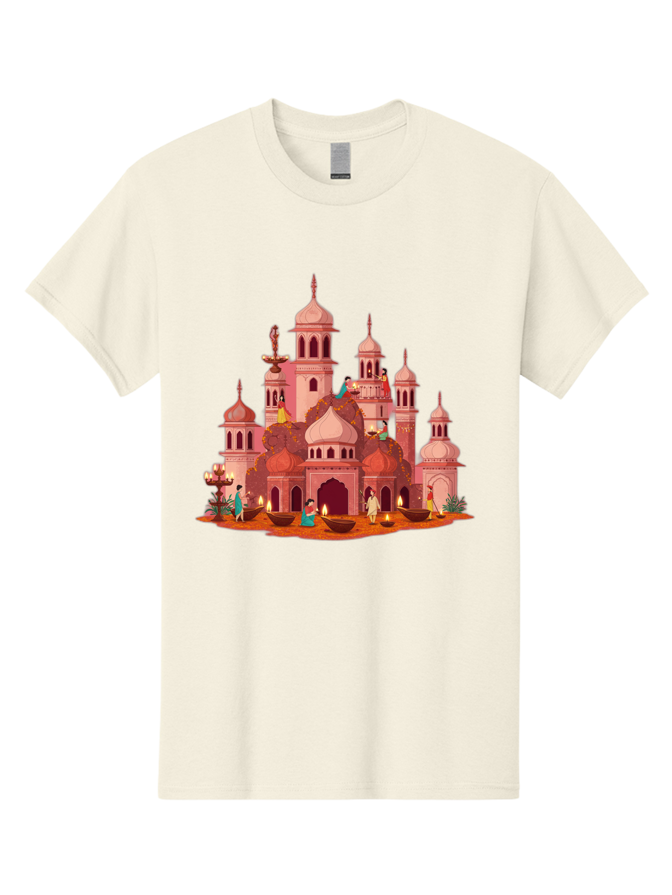 Pink-Palace Men'S Graphic Tee, 100% Cotton, Comfortable Casual Summer Wear, Machine Washable, Pink Castle, Royal Architecture, Ornate Towers, Domed Roofs, People In Traditional Attire, Serene Atmosphere, Lit Candles, Bronze Bowls, Bad435