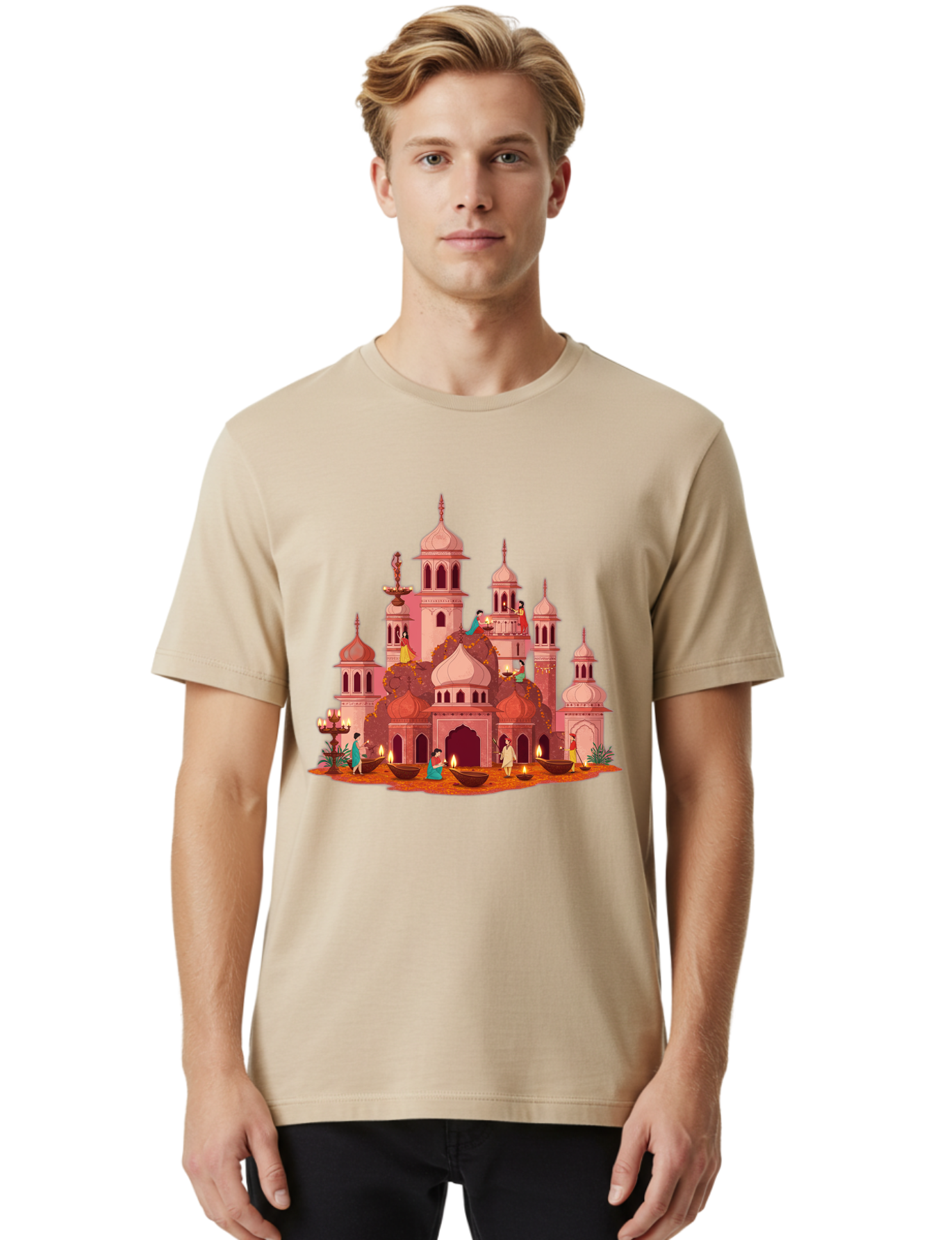 Pink-Palace Men'S Graphic Tee, 100% Cotton, Comfortable Casual Summer Wear, Machine Washable, Pink Castle, Royal Architecture, Ornate Towers, Domed Roofs, People In Traditional Attire, Serene Atmosphere, Lit Candles, Bronze Bowls, Bad435