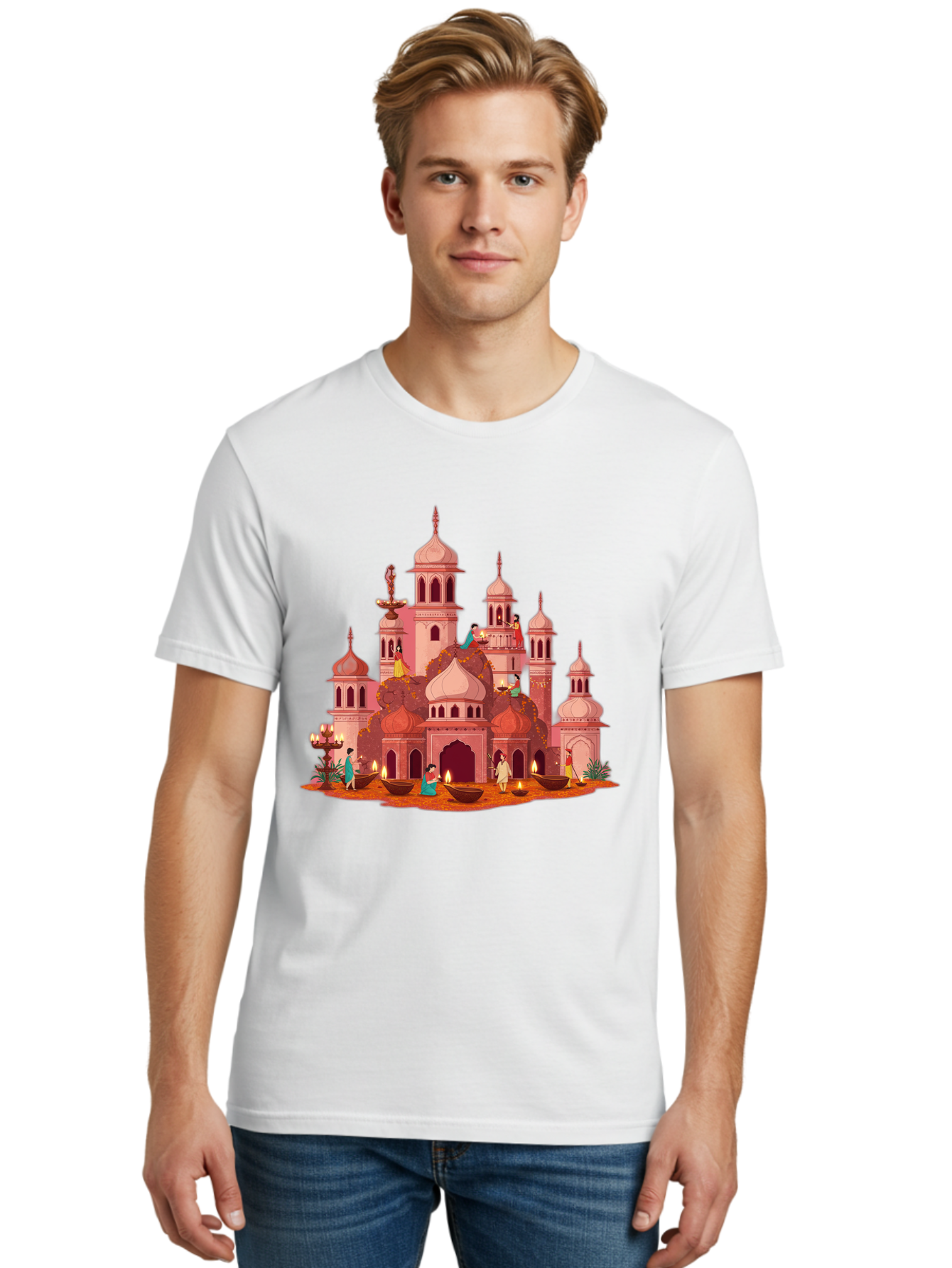 Pink-Palace Men'S Graphic Tee, 100% Cotton, Comfortable Casual Summer Wear, Machine Washable, Pink Castle, Royal Architecture, Ornate Towers, Domed Roofs, People In Traditional Attire, Serene Atmosphere, Lit Candles, Bronze Bowls, Bad435