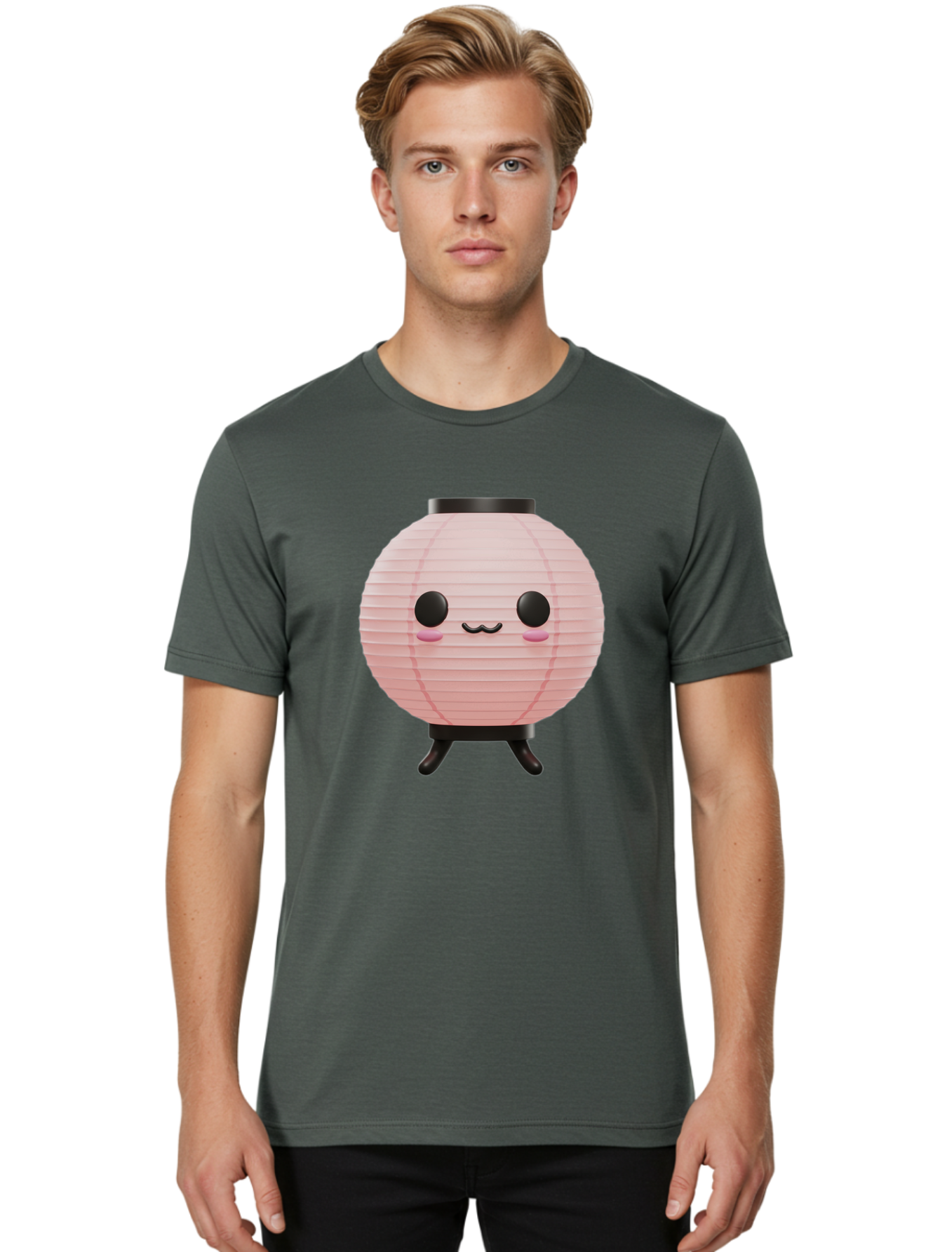 Pink-Paper-Lantern Men'S Graphic Tee, 100% Cotton, Comfortable Casual Summer Wear, Machine Washable, Pink Paper Lantern, Cute Character, Kawaii Culture, Cartoon Style, Smiling Face, Rosy Cheeks, Round Eyes, Black Stand, Kawaii Aesthetic, Bad436